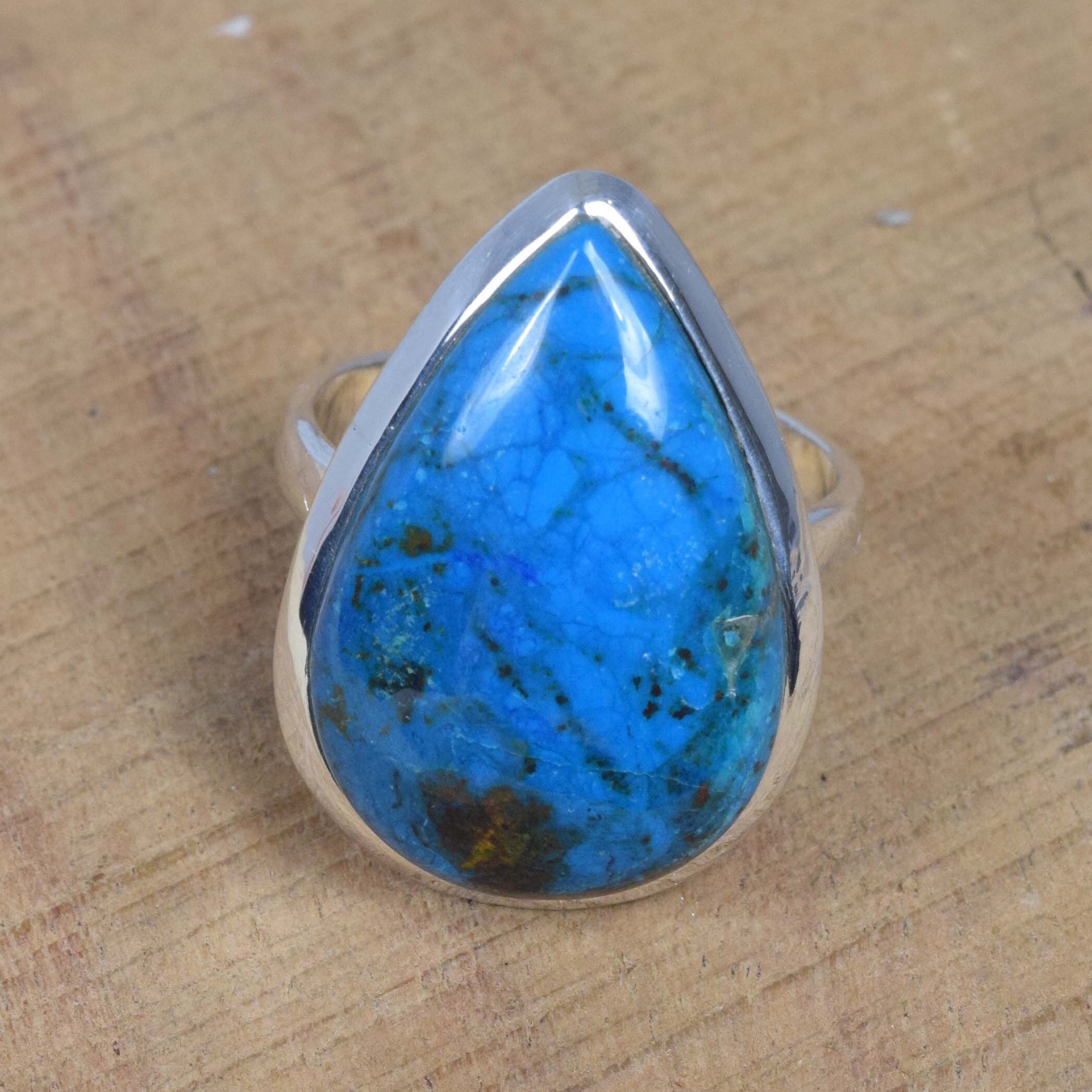 Chrysocolla Sterling Silver Ring: Pear Gemstone, Handmade Jewelry, Us Size 10
