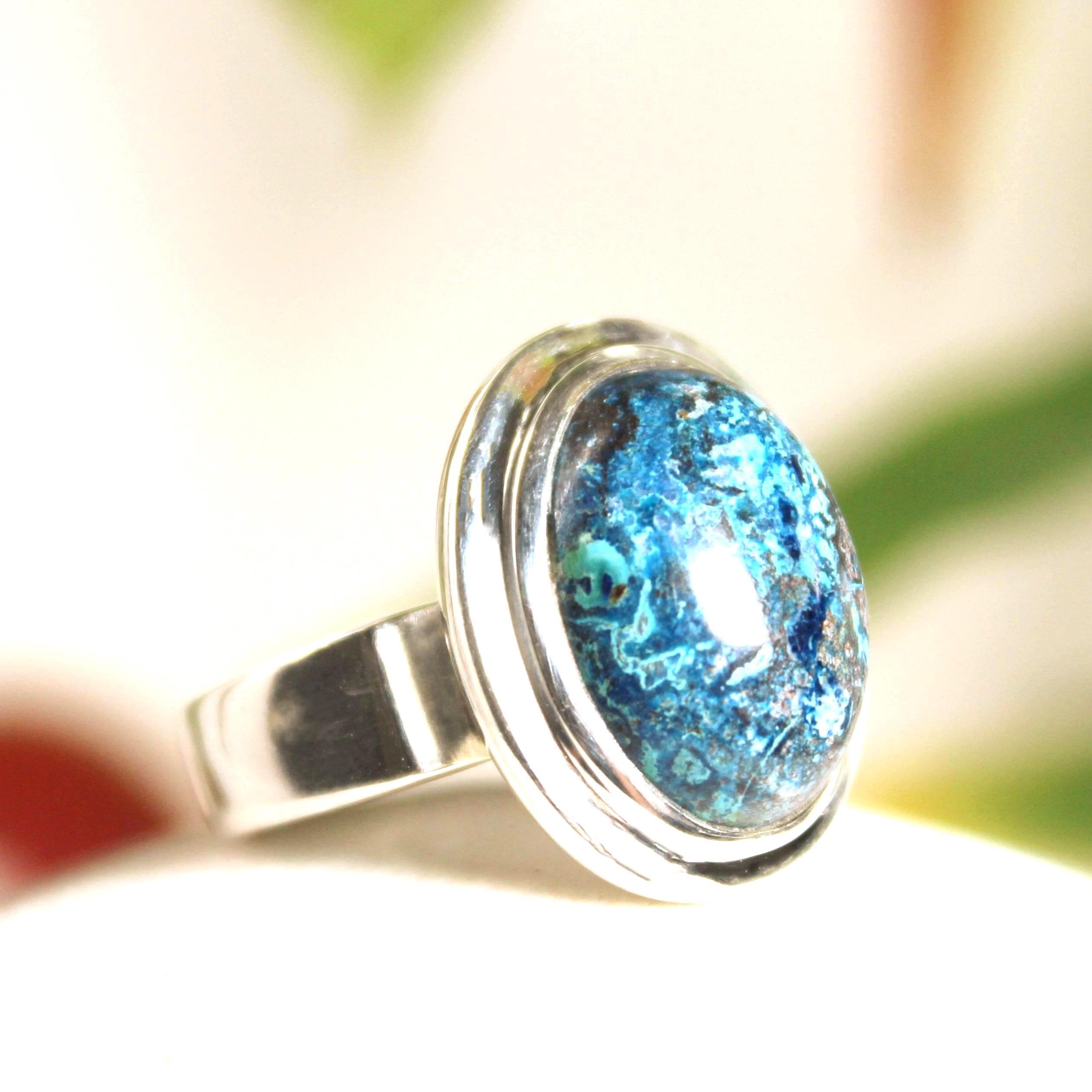 Chrysocolla Sterling Silver Ring: Turquoise Blue Oval Cab Stone, Size 7.5-8