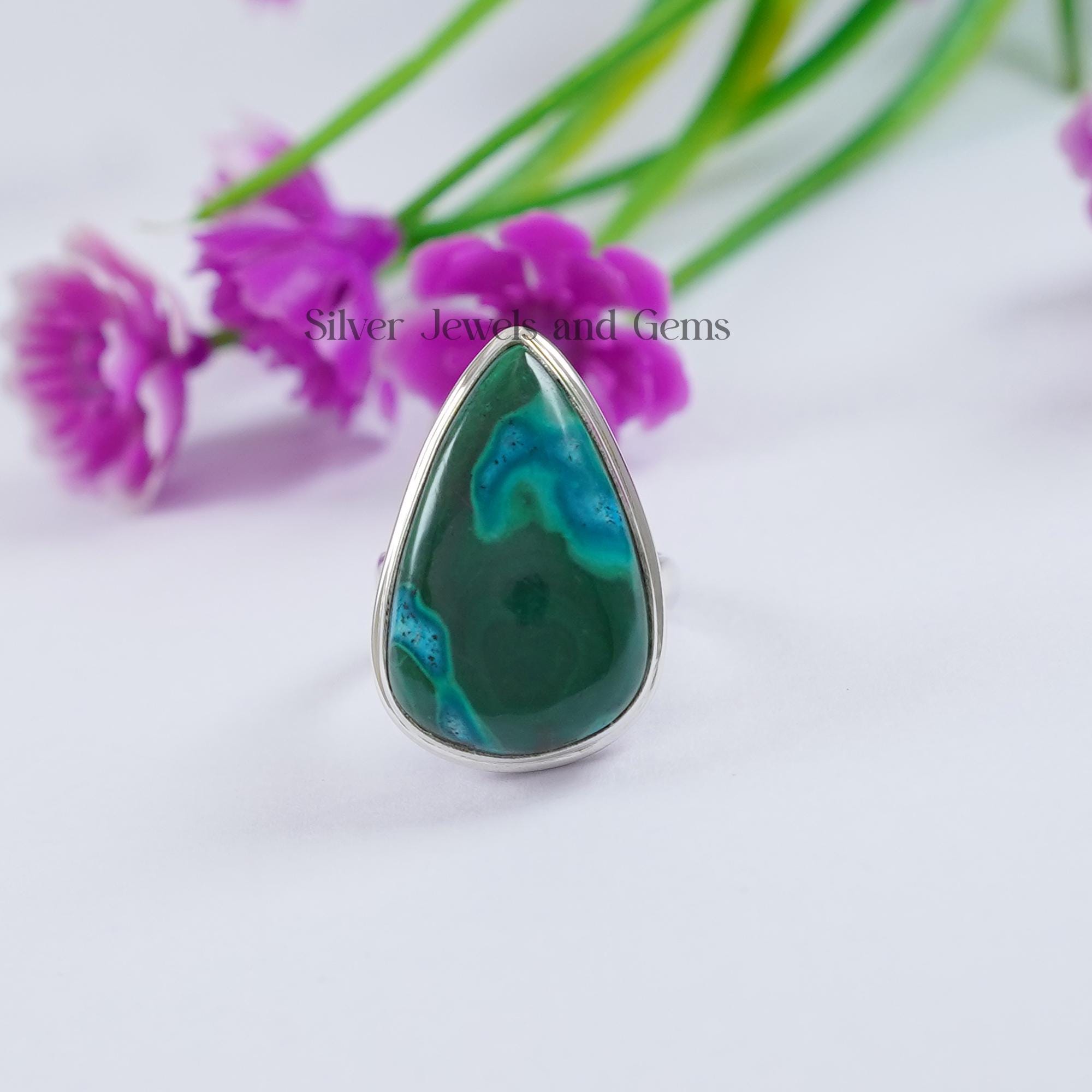 Teardrop Chrysocolla Malachite Ring, Handmade 925 Sterling Silver