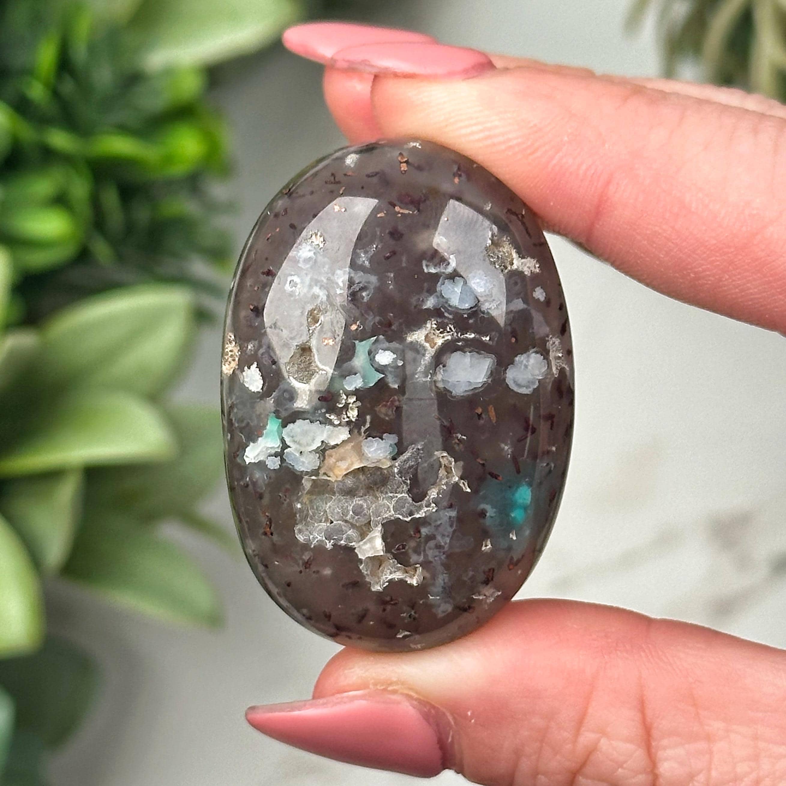 Chrysocolla, Chalcedony, & Copper Palmstone | 29g | - #10 (polished Crystal Pocket Stone Palm, Throat Chakra, Peace) Chrysocolla, Chalcedony, & Copper Palmstone | 29g | - #10 (polished Crystal Pocket Stone Palm, Throat Chakra, Peace)