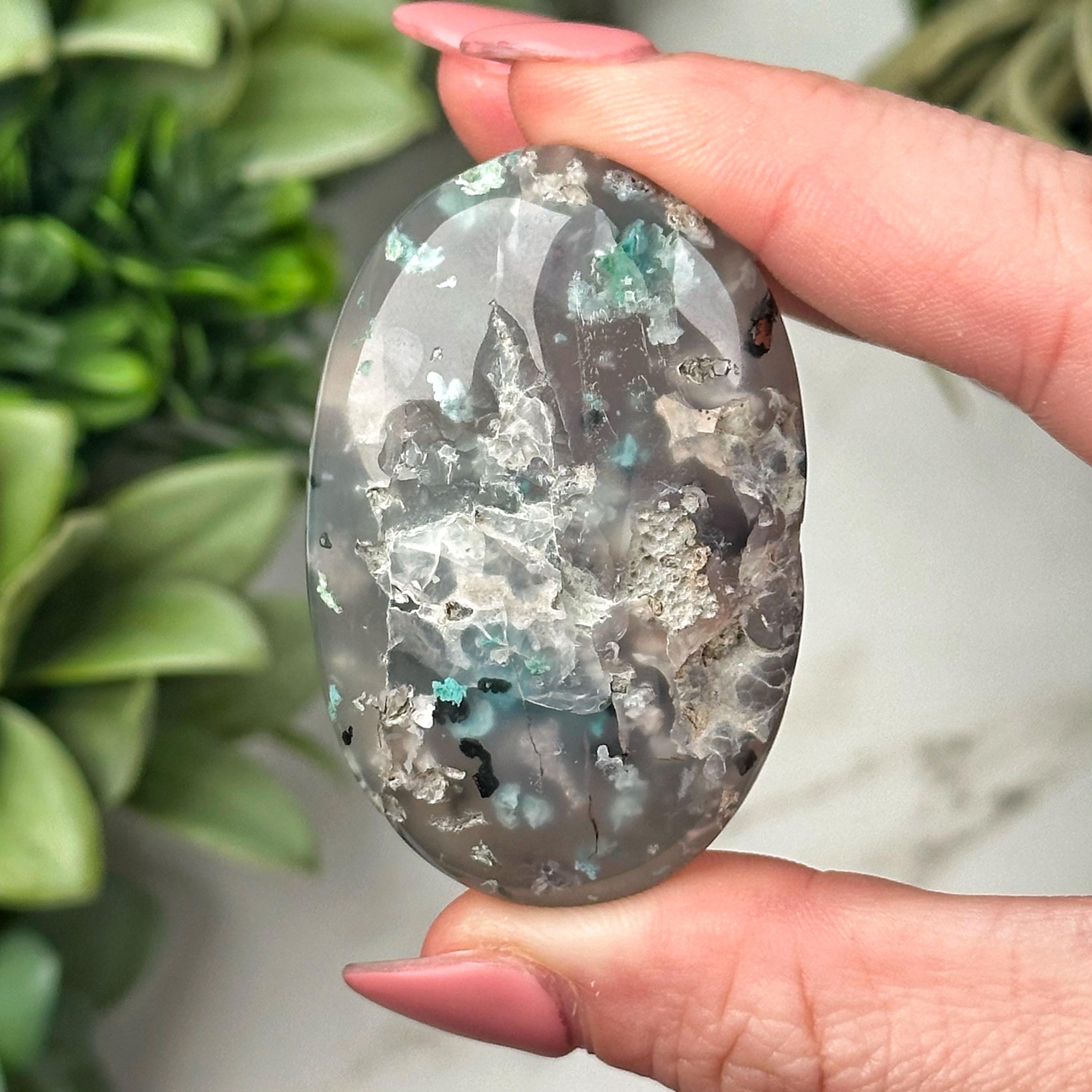 Chrysocolla, Chalcedony, & Copper Palmstone | 31g | - #5 (polished Crystal Pocket Stone Palm, Throat Chakra, Peace)