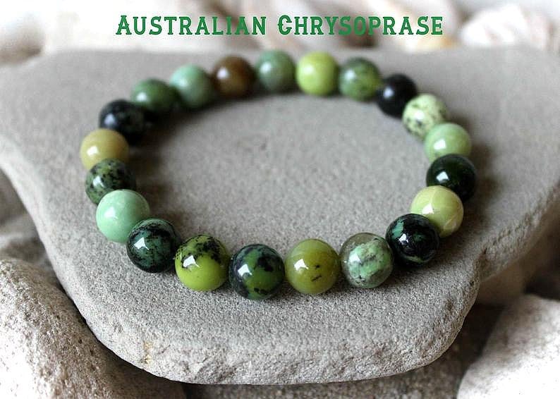 10mm Chrysoprase Bracelet, May Birthstone Bracelet, Australian Chrysoprase, June Gemstone Jewelry, Green Bead Bracelet, Gemini Sign Jewelry