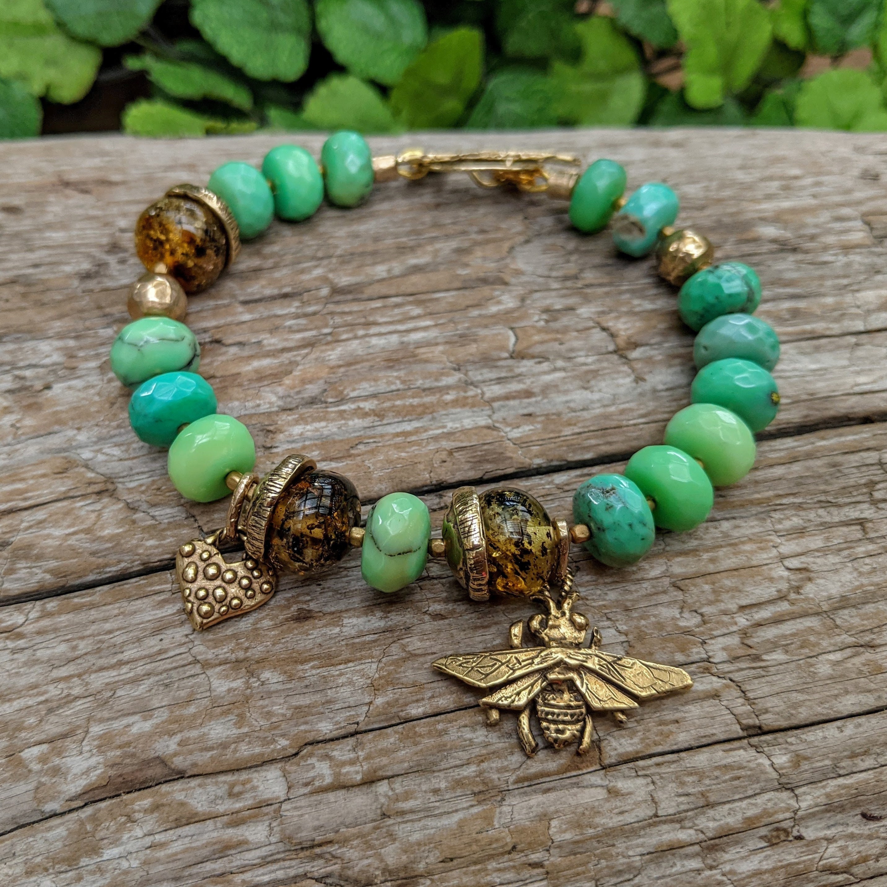 Chrysoprase Bracelet, Apple Green Gemstone Bracelet, Rustic Bracelet, Chunky Bracelet,  Boho Earthy Jewelry, Bee Bracelet, Artisan Bracelet