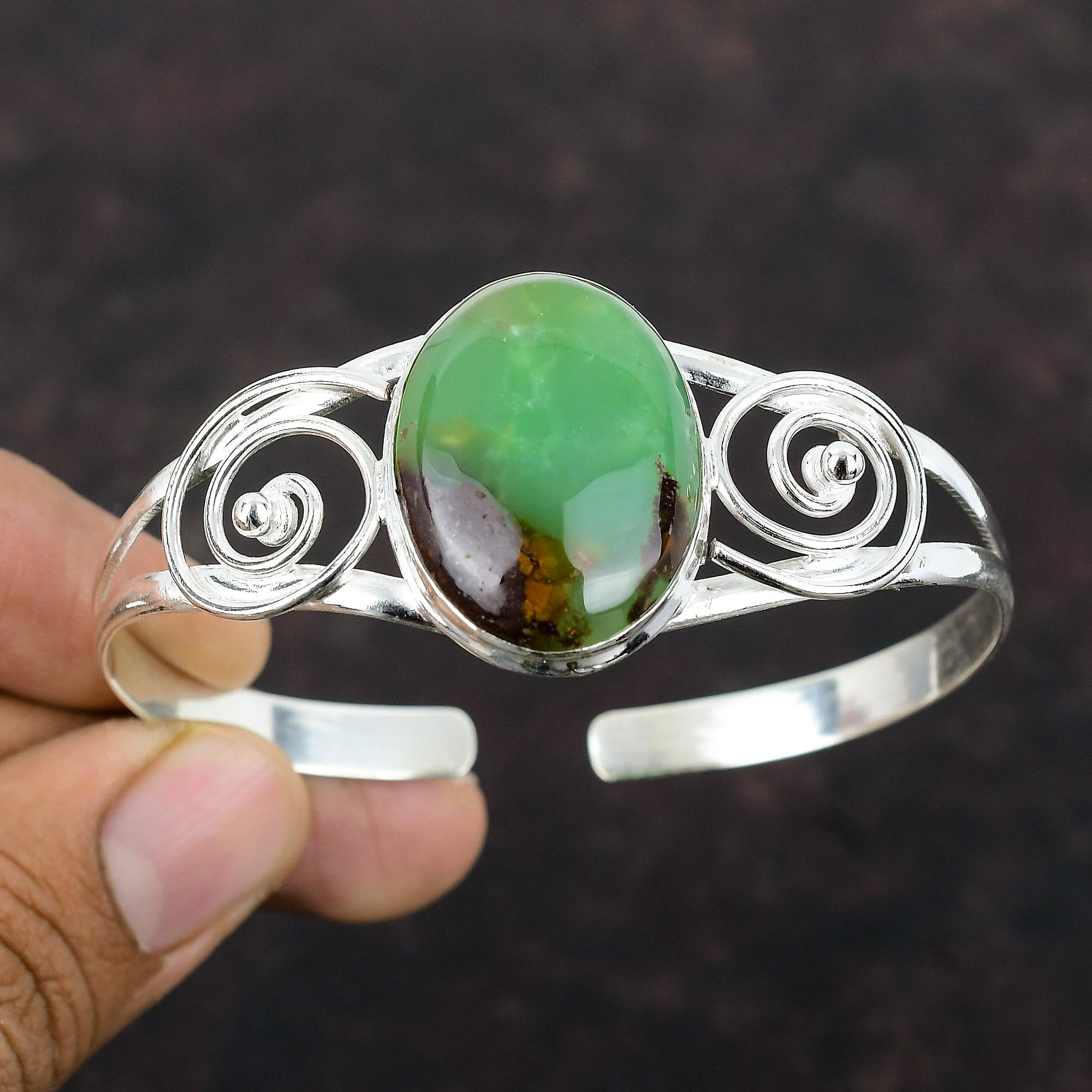Boulder Chrysoprase Bangle: Handmade 925 Sterling Silver Adjustable Cuff