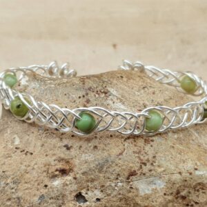 Celtic knot Chrysoprase cuff bracelet. May birthstone. Crystal Reiki jewelry uk. Libra jewelry. Silver filled Wire wrapped bracelet.
