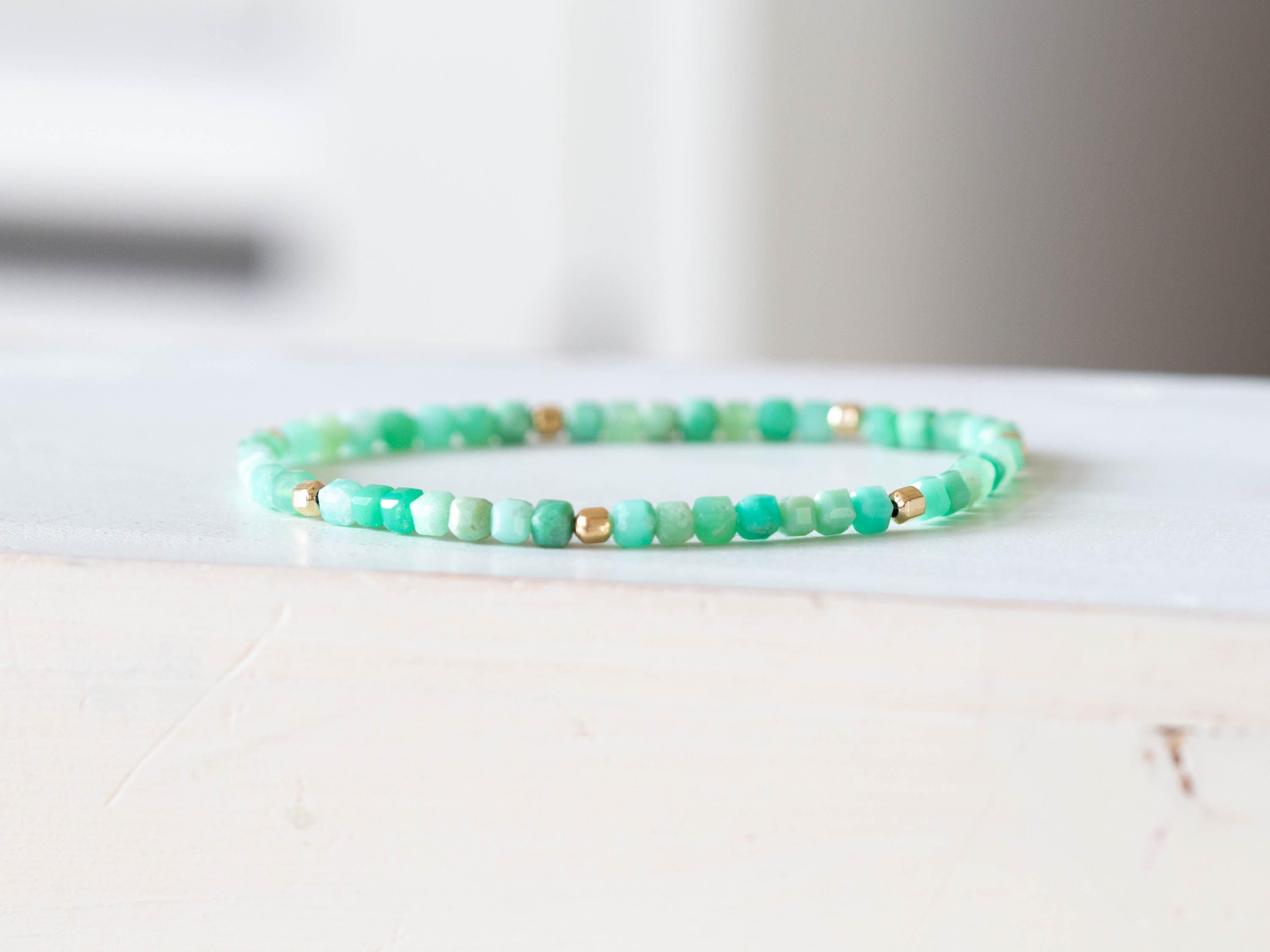 Chrysoprase Cube Stretch Bracelet: Natural Crystals With Sterling Silver, Yellow Or Rose Gold Filled