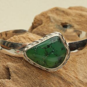 Chrysoprase Cuff Bracelet, Green Chrysoprase Cabochon, Sterling Silver