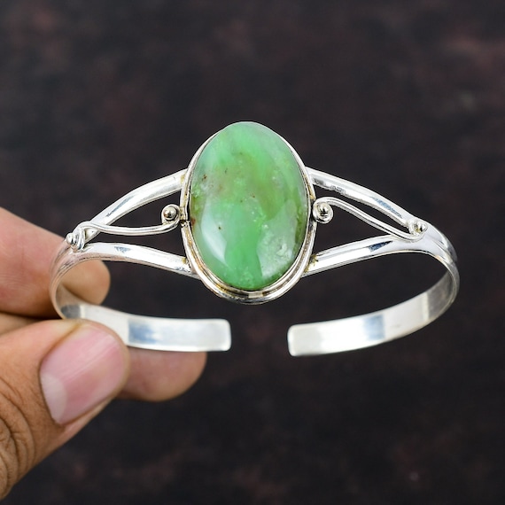 Chrysoprase Cuff Bracelet: Handmade Sterling Silver Adjustable Bangle Chrysoprase Cuff Bracelet: Handmade Sterling Silver Adjustable Bangle