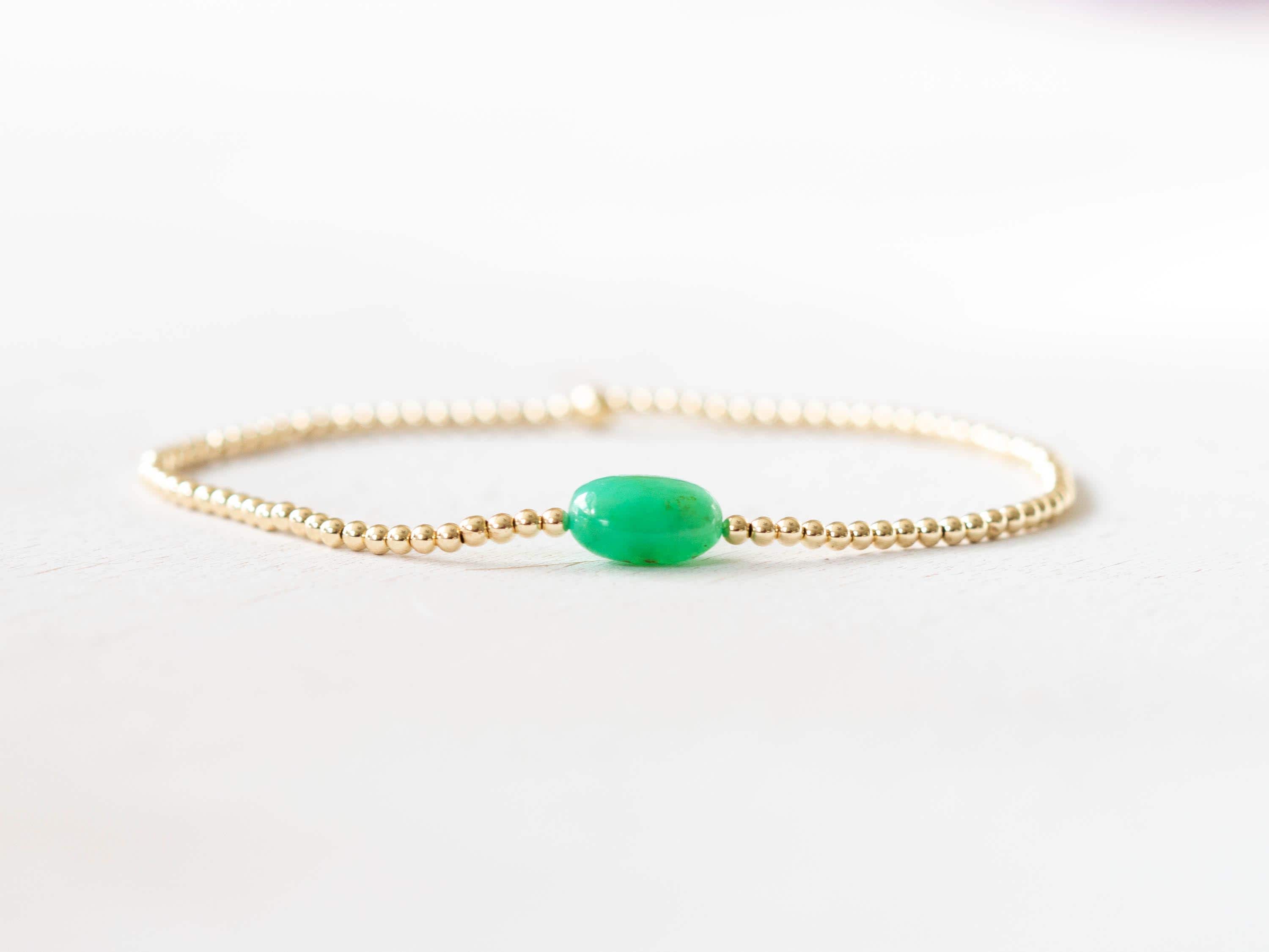 Dainty Chrysoprase Stretch Bracelet: Green Gemstone With Sterling Silver, Yellow Or Rose Gold Filled Beads