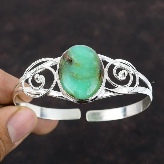 Chrysoprase Gemstone Bangle: Handmade 925 Sterling Silver Adjustable Cuff