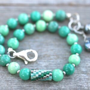 Chrysoprase Gemstone, Sterling Silver Beaded, Beaded Tube Bead Bracelet, Handmade Jewelry, Apple Green