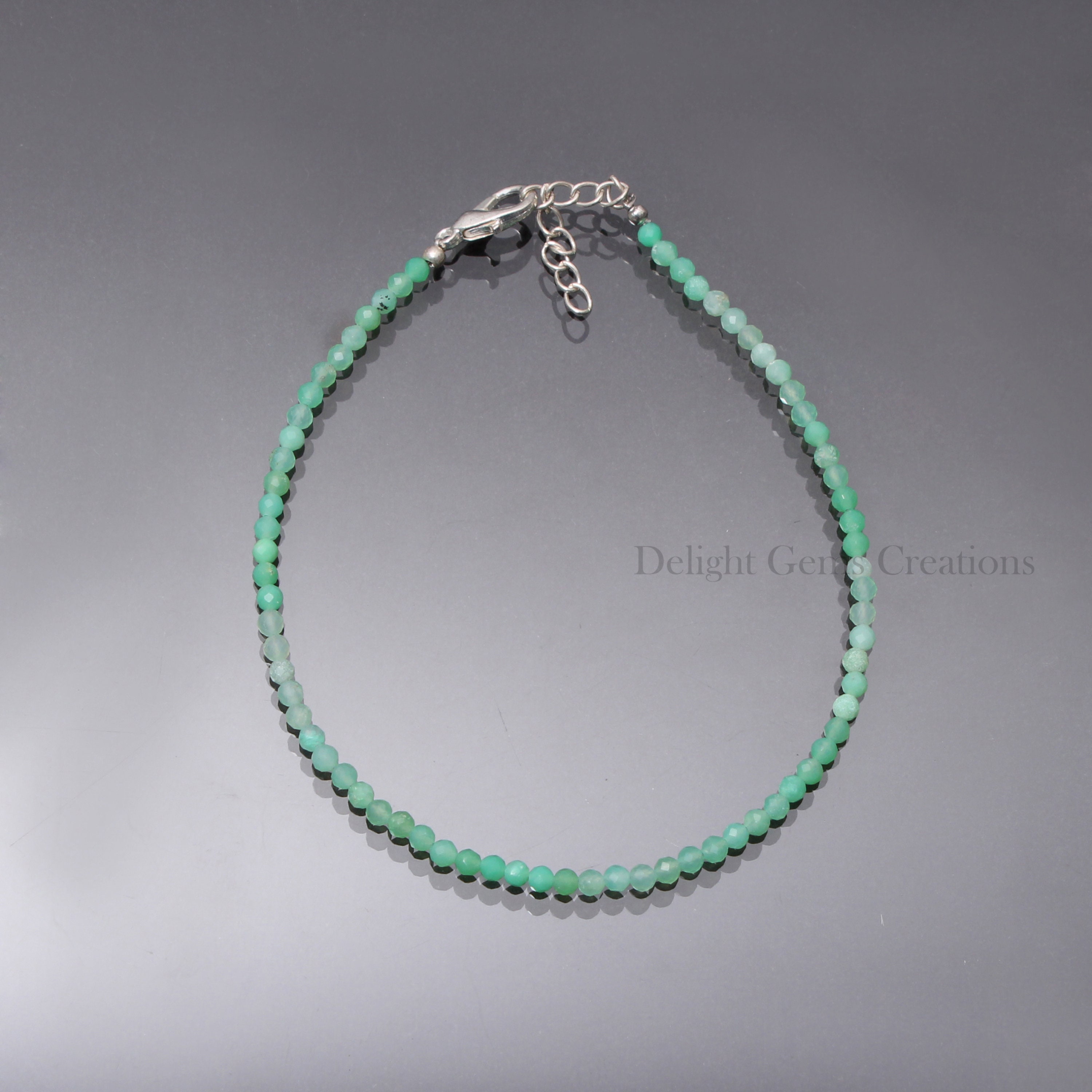 Green Chrysoprase Beaded Bracelet – 925 Silver Clasp, Faceted Gemstone