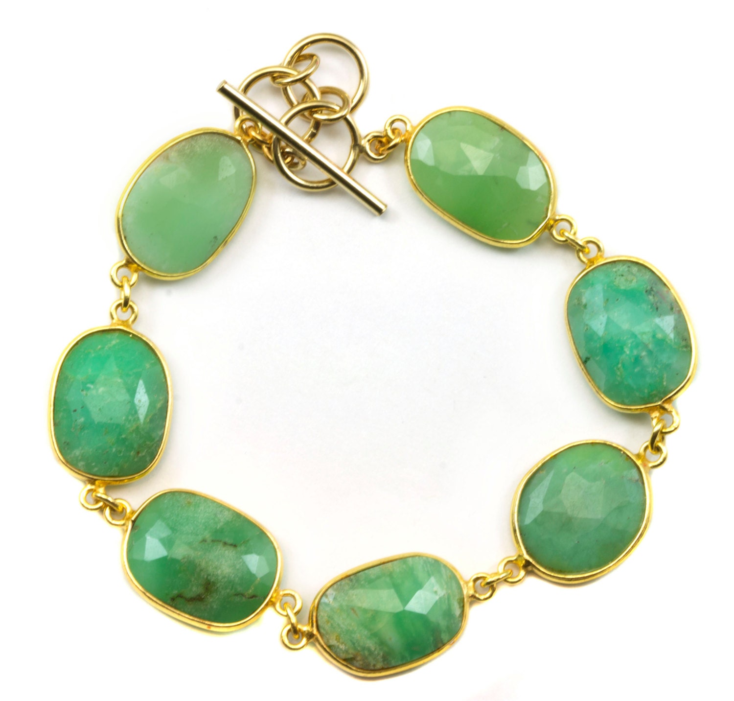 Chrysoprase Bracelet Green Chain Link Beaded 14k Gold Filled Adjustable 7 8 Inches Natural Soft Pale Green Colors Simple Faceted Off Round