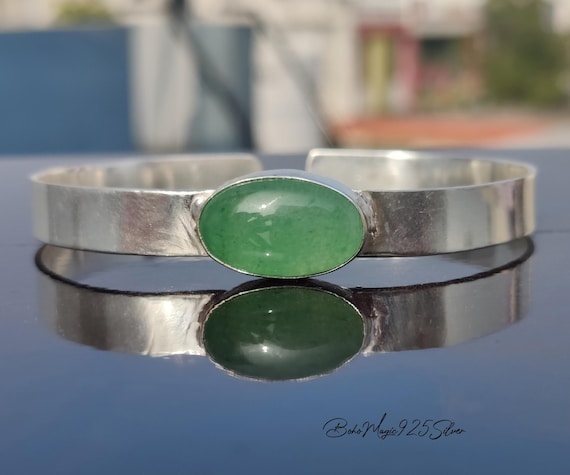 Handmade Chrysoprase Bangle: Oval Gemstone 925 Sterling Silver Bracelet