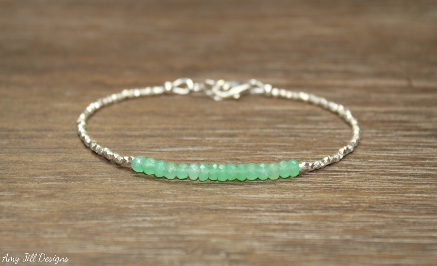 Chrysoprase Bracelet, Hill Tribe Silver Beads, Fine Silver, Chrysoprase Jewelry, Layering, Minimalist