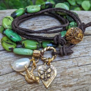 Chrysoprase Leather Wrap Bracelet, Baroque Pearl, Artisan Jewelry