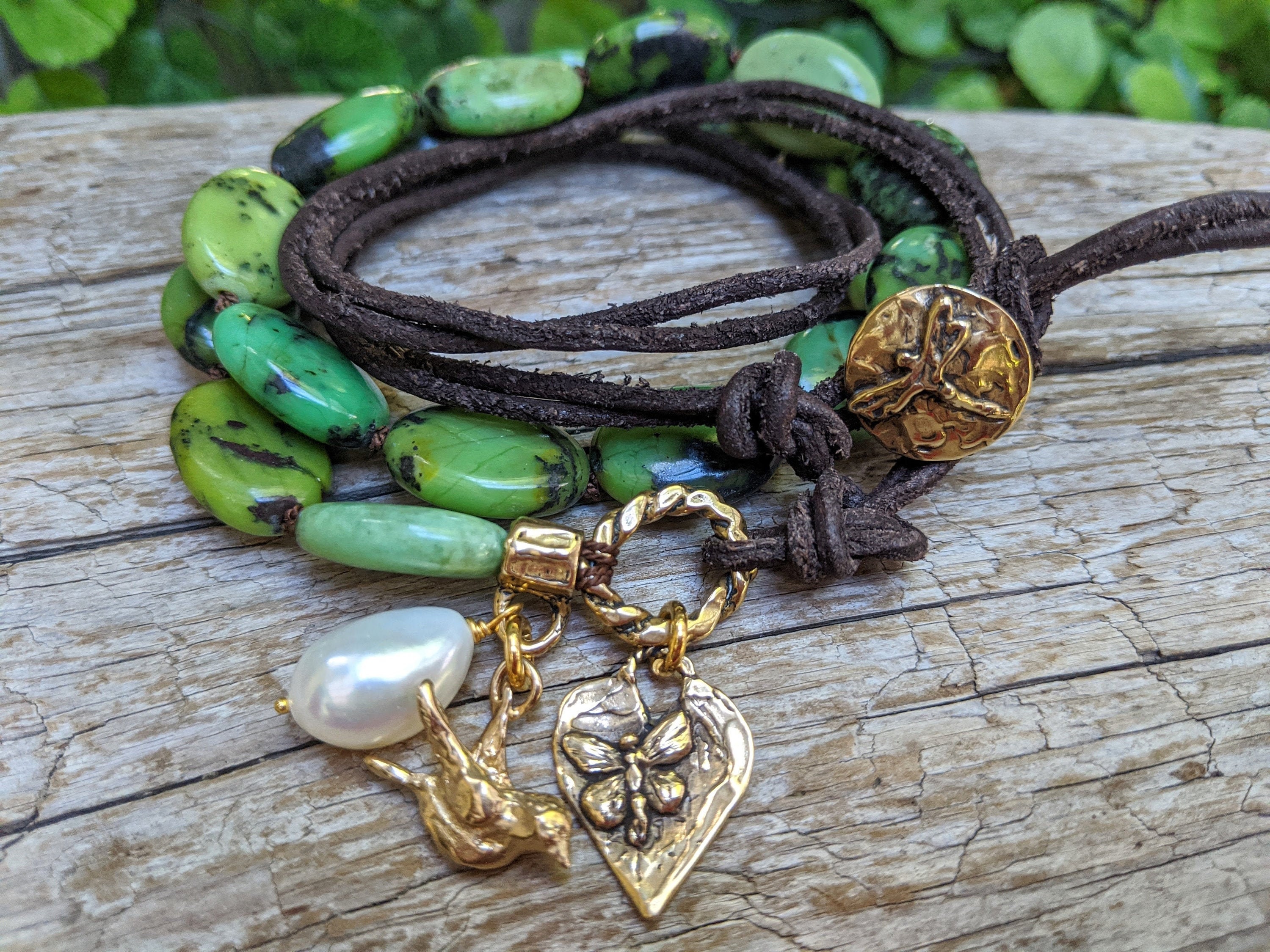 Chrysoprase Leather Wrap Bracelet, Baroque Pearl, Artisan Jewelry Chrysoprase Leather Wrap Bracelet, Baroque Pearl, Artisan Jewelry