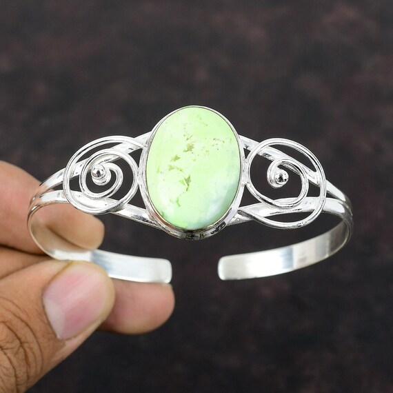 Lemon Chrysoprase Cuff Bracelet: Handmade 925 Sterling Silver Bangle