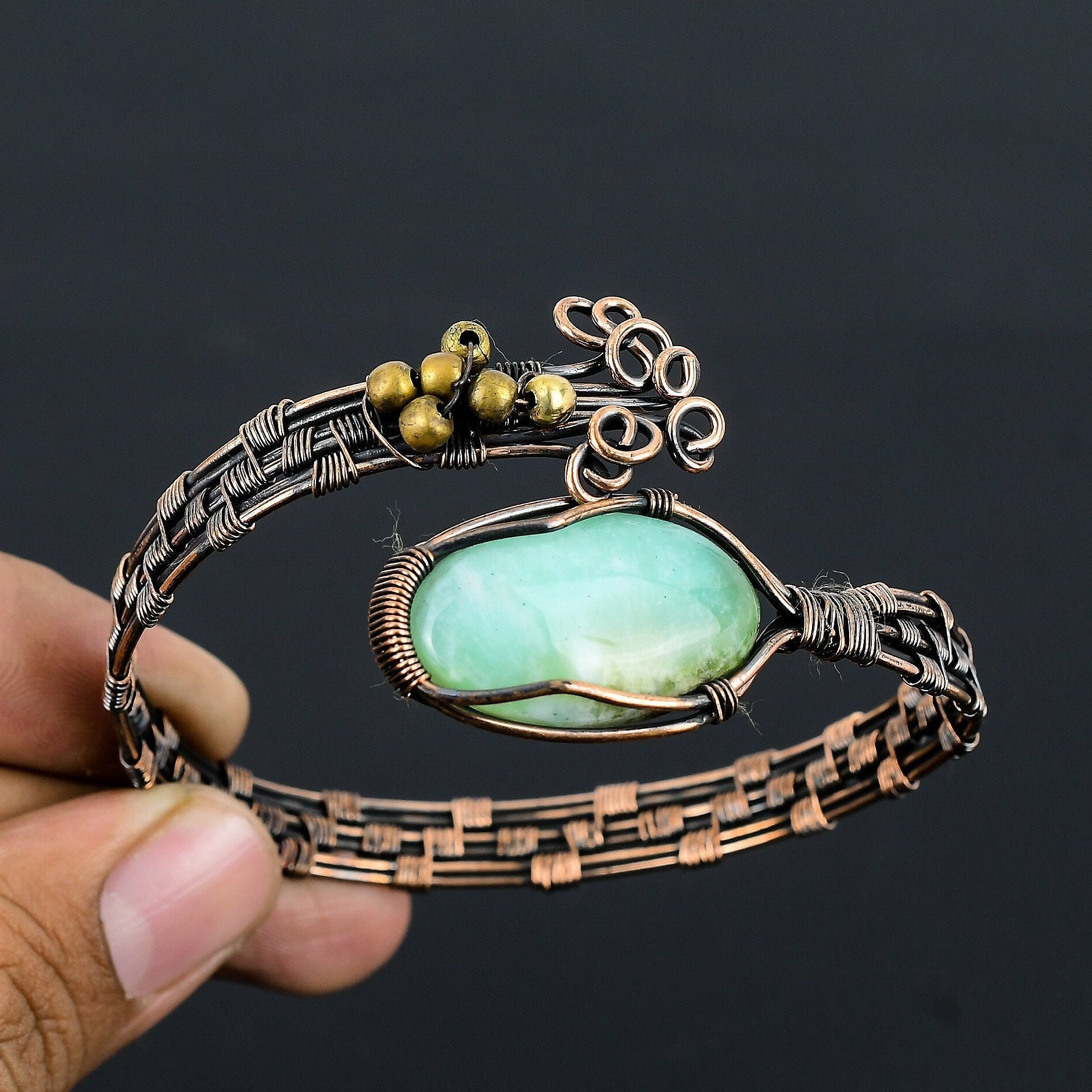 Lemon Chrysoprase Bracelet, Natural Chrysoprase Copper Wire Wrapped Cuff Bracelet, Hand Wire Wrap Jewelry Handmade Christmas Gifts For Her