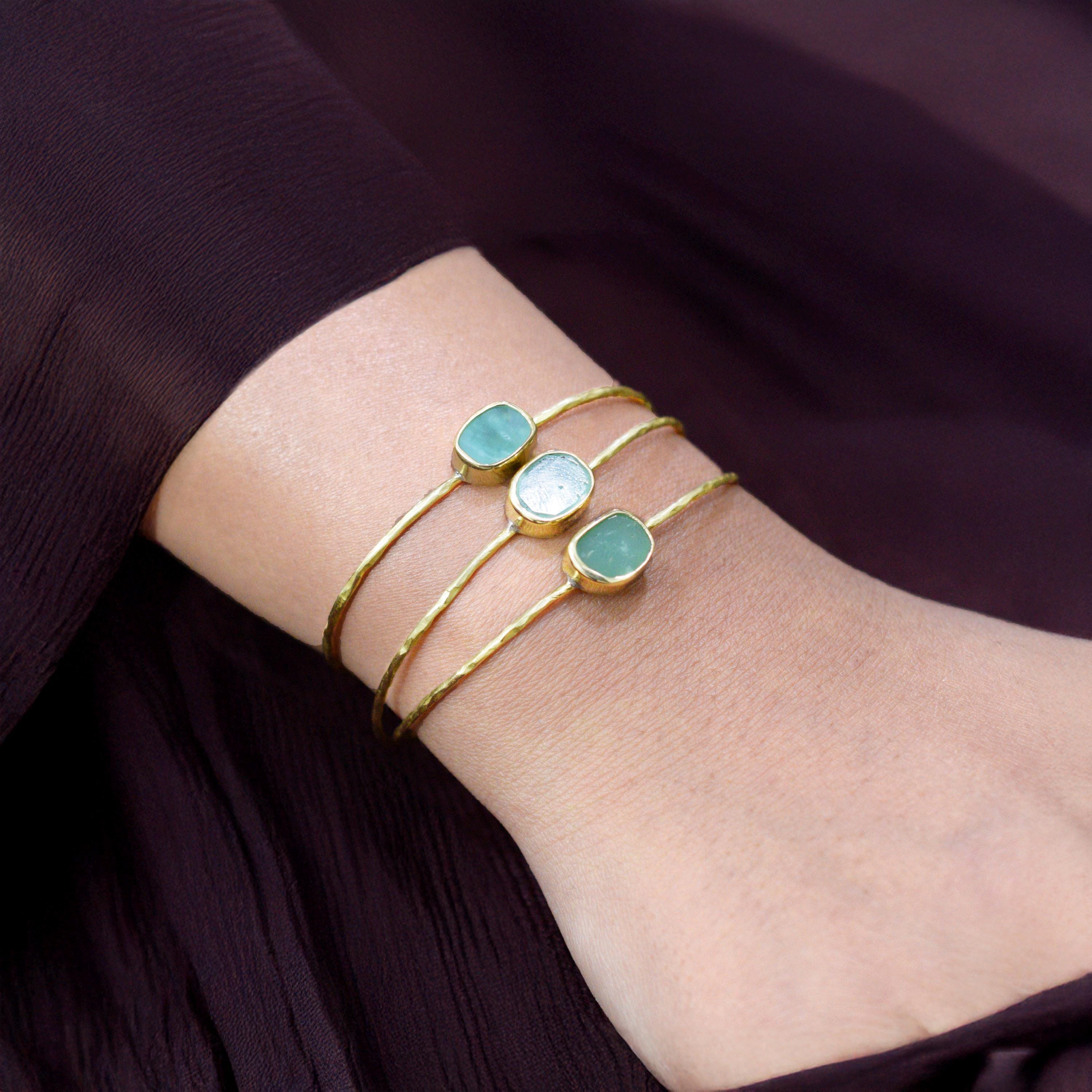 Natural Chrysoprase Brass Cuff Bracelet: Minimalist Dainty Gemstone Jewelry
