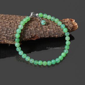 Natural Green Chrysoprase Gemstone Beaded Bracelet, 6mm Chrysoprase Smooth Round Beads Bracelet, Sterling Silver Clasp, Handmade Bracelet