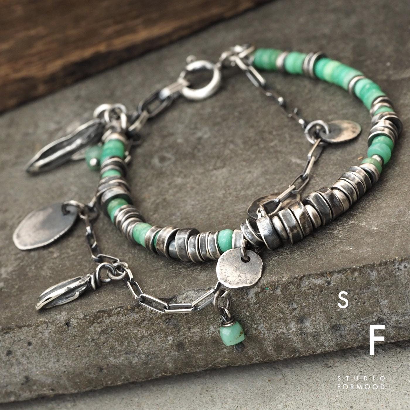 Chrysoprase Oxidized Sterling Silver Bracelet: Handmade Adjustable Gemstone Jewelry