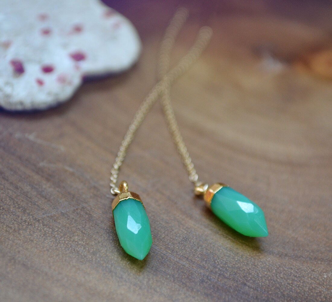 24k Gold Chrysoprase Threader Earrings • Gemstone Spike Dangle