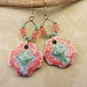 Artisan Ceramic Boho Earrings: Mint, Peach, and Chrysoprase