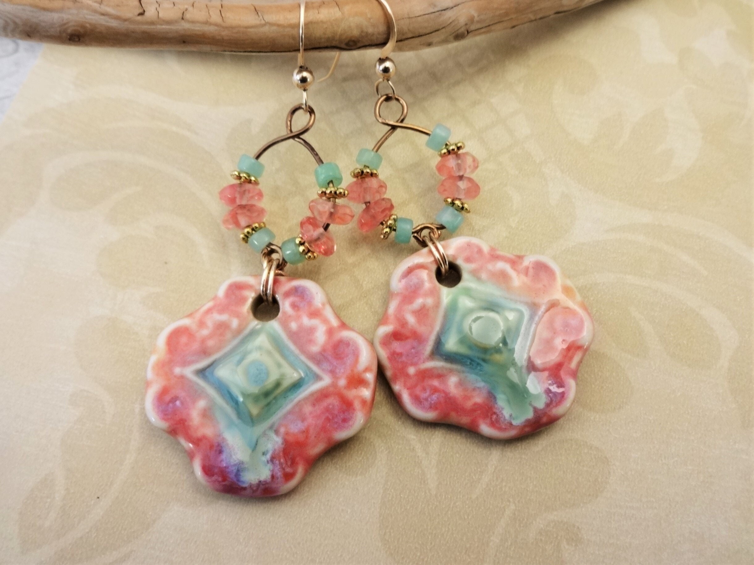 Artisan Ceramic Boho Earrings: Mint, Peach, And Chrysoprase