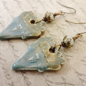Artisan Ceramic Chrysoprase Earrings: Ethnic Pattern Bronze Dangles