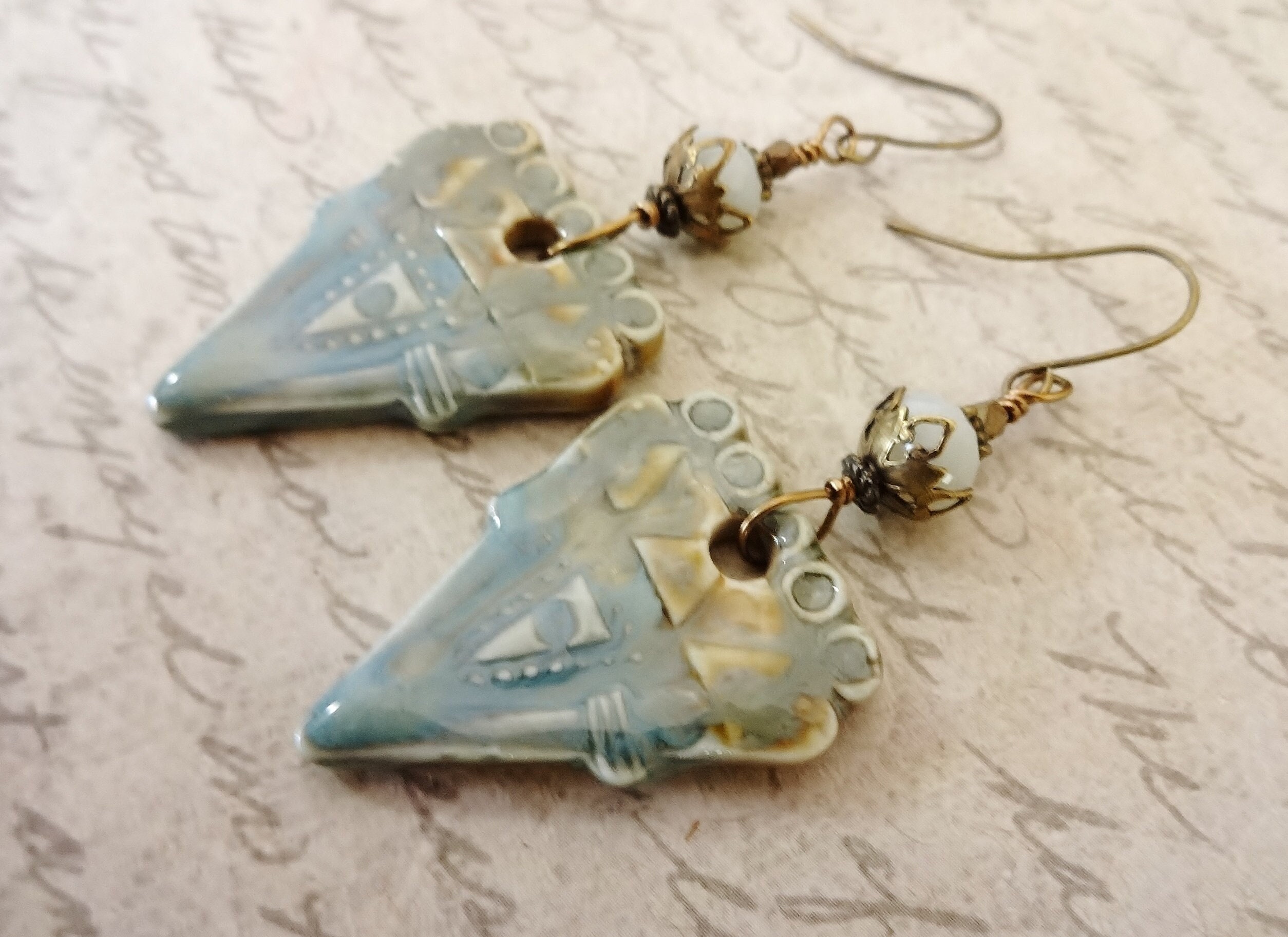 Artisan Ceramic Chrysoprase Earrings: Ethnic Pattern Bronze Dangles