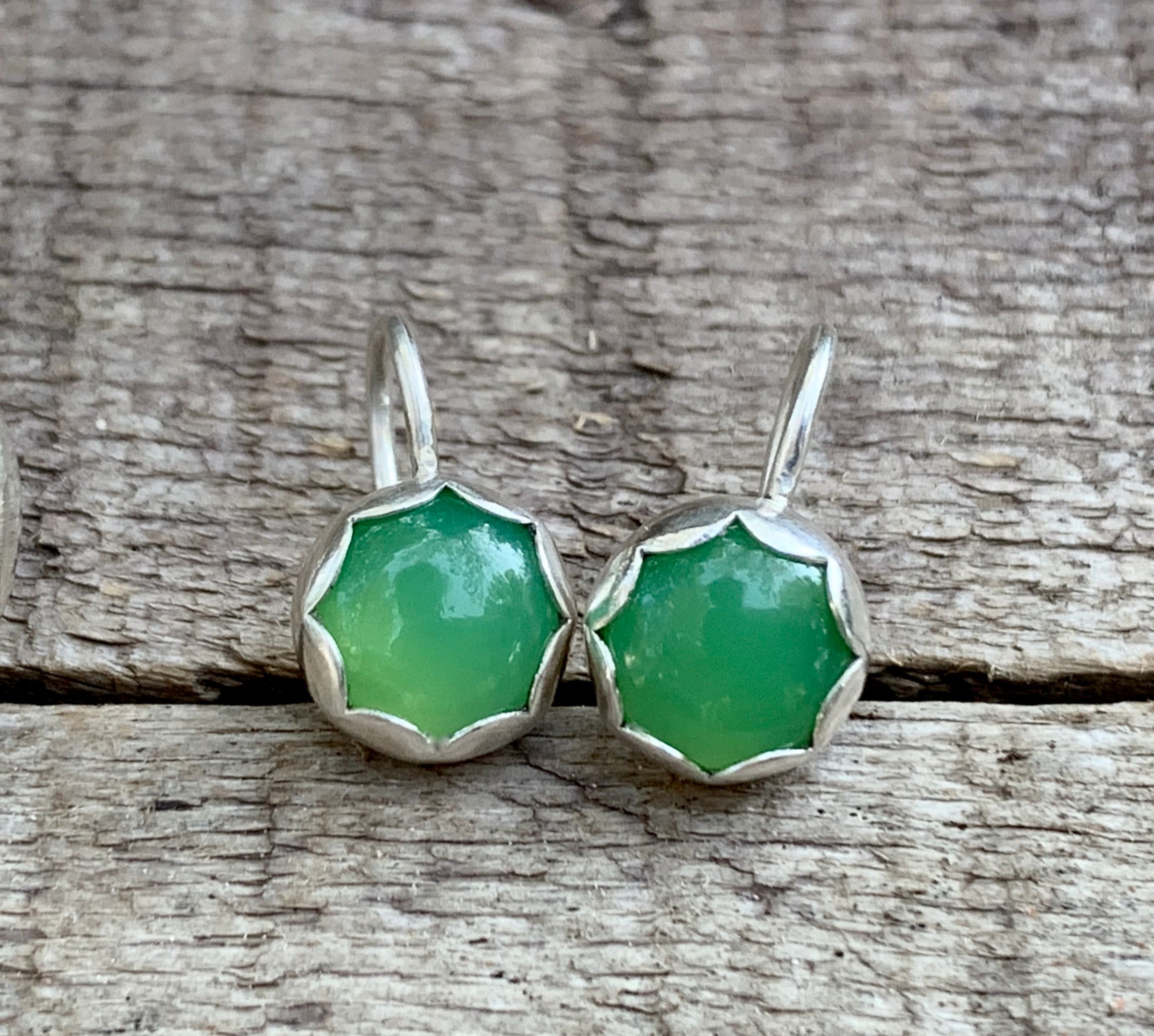 Bright Green Chrysoprase Scallop Setting Dangle Sterling Silver Earrings | Earrings | Wedding Jewelry | Flower Earrings | Chrysoprase Studs