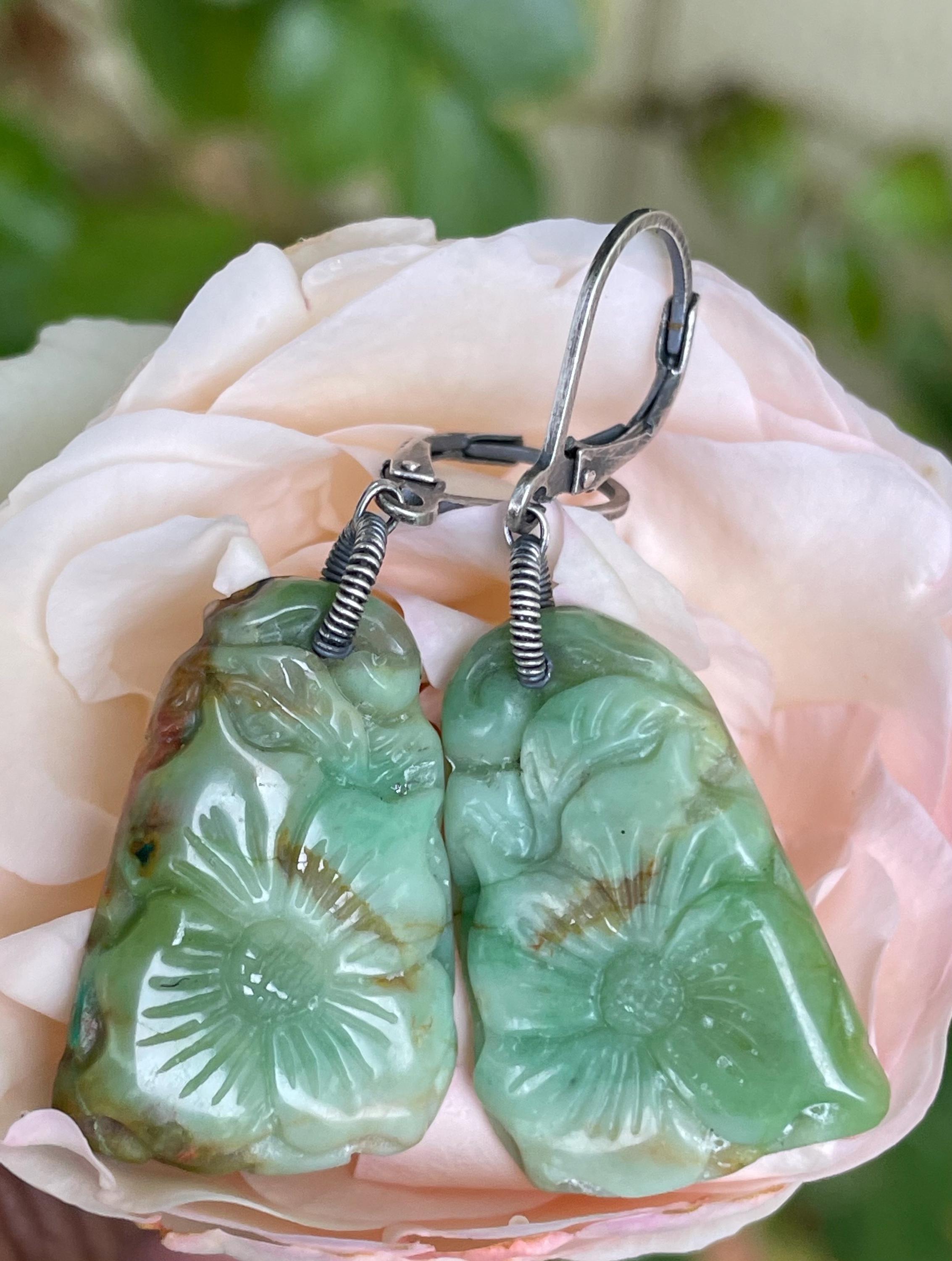 Carved Chrysoprase Flower, Sterling Silver Coiled Wrap Bail, Leverback Earwire Earrings