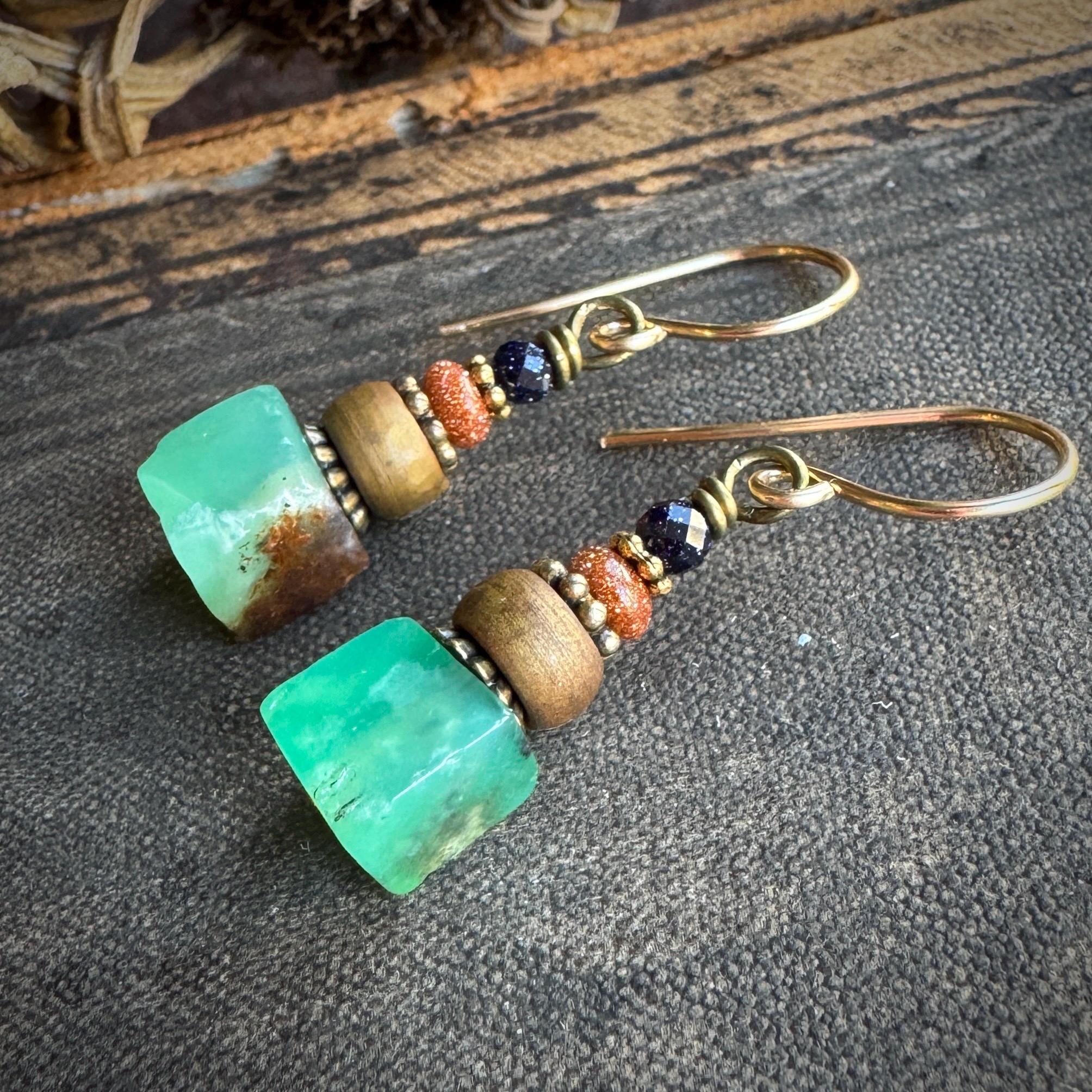 Colorful Gemstone Bead Earrings With Chrysoprase Cube And Goldstone On 14k Gold Filled Hooks
