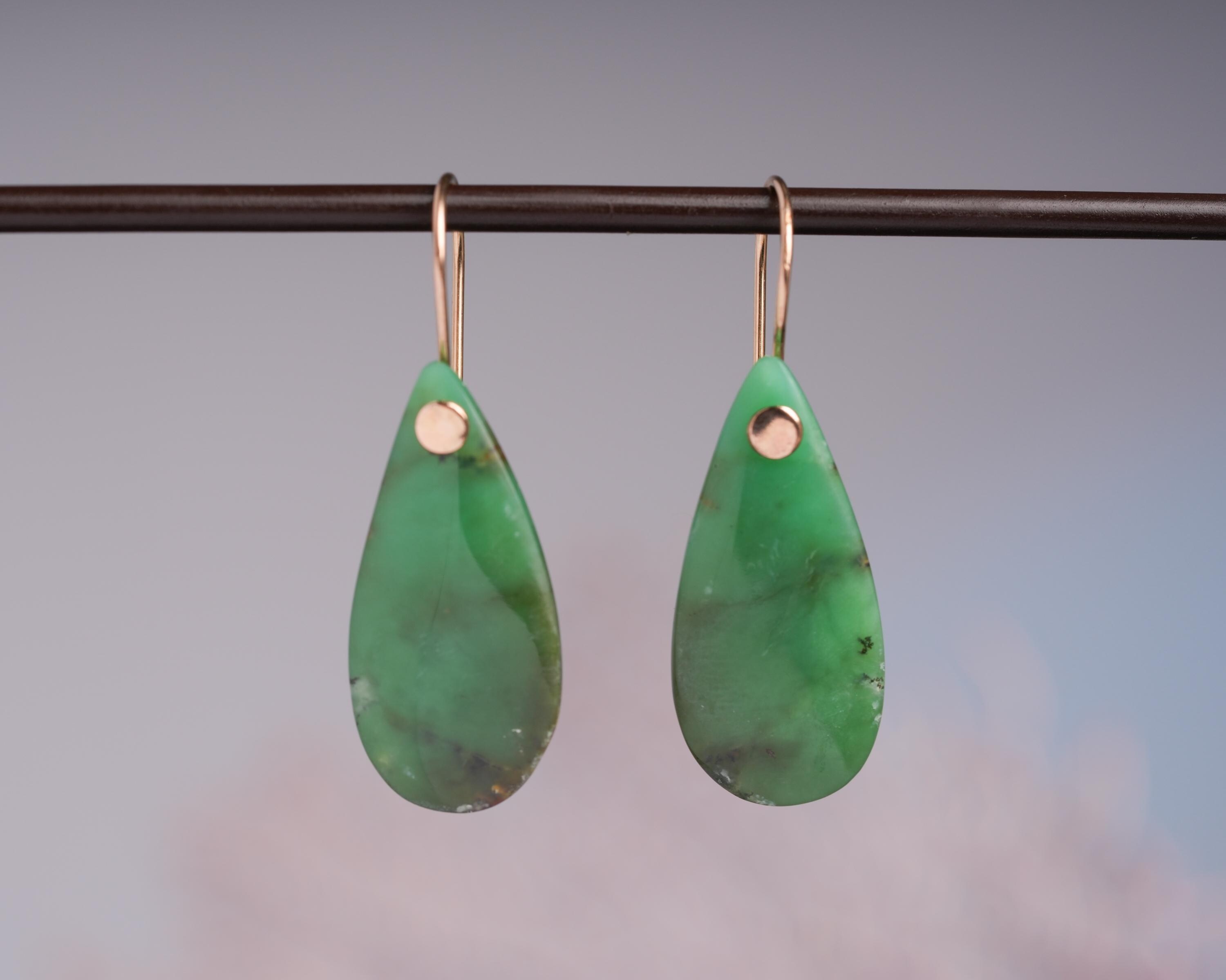 Chrysoprase Dangle Earrings: Natural Dark Green Chrysoprase Earrings In 14k Gold-fill, Teardrop Gemstone Earrings