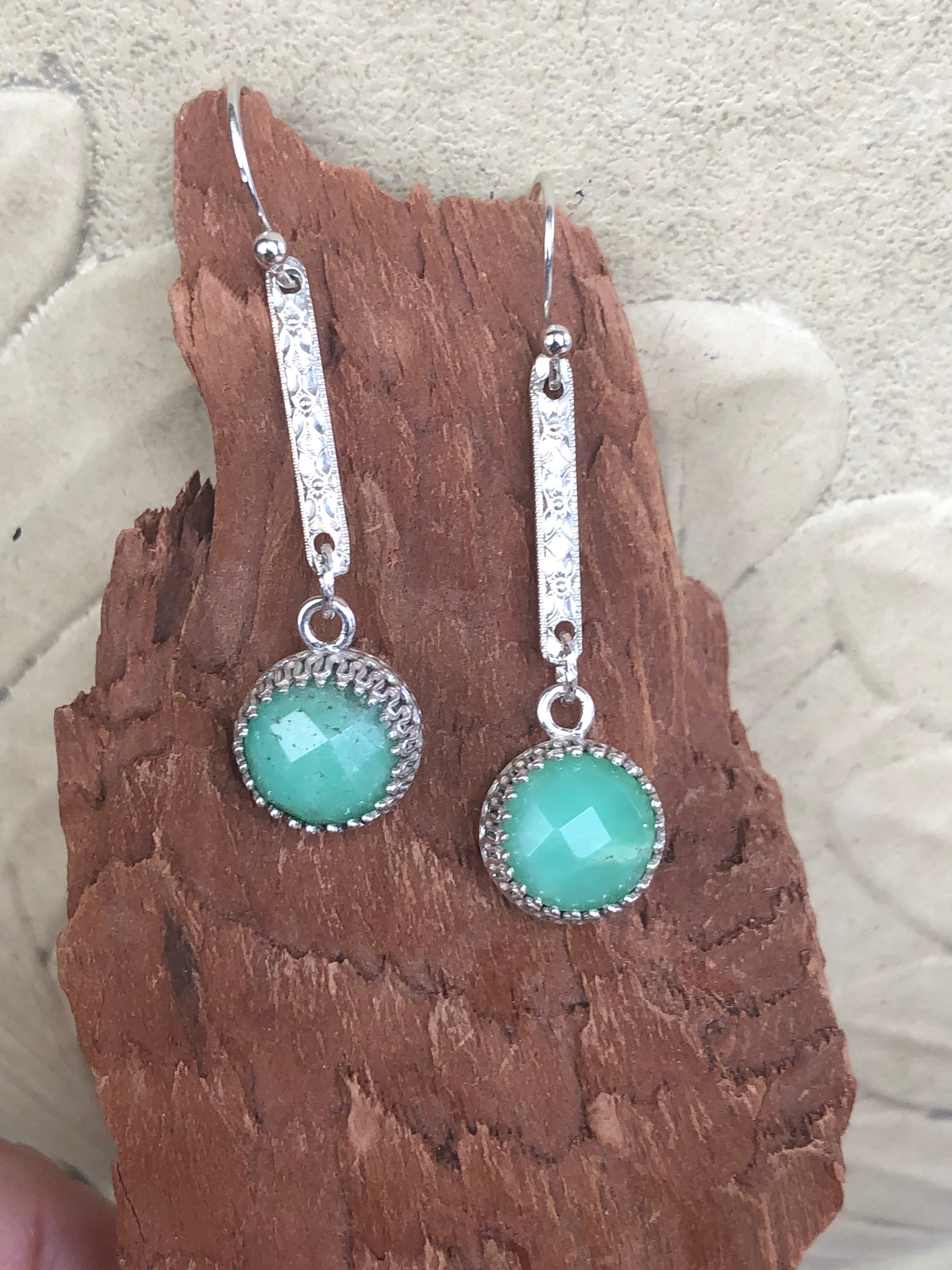 Chrysoprase Dangle Earrings: Sterling Silver Floral Bar, Natural Gemstone