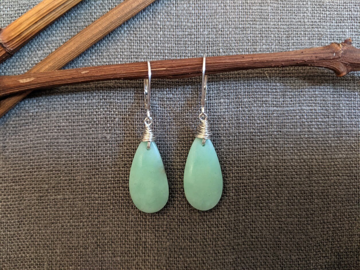Chrysoprase Teardrop Earrings, Sterling Silver, Artisan Dangle, Gift For Her