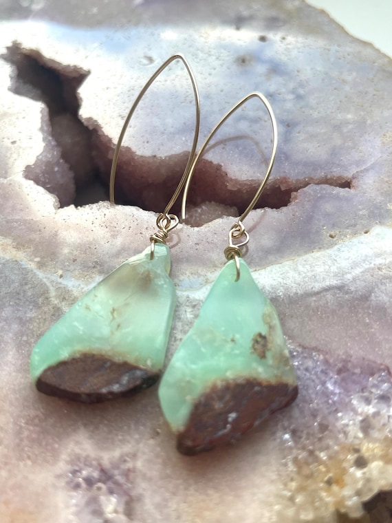 Gold Filled Chrysoprase Drop Earrings: Genuine Green Gemstone