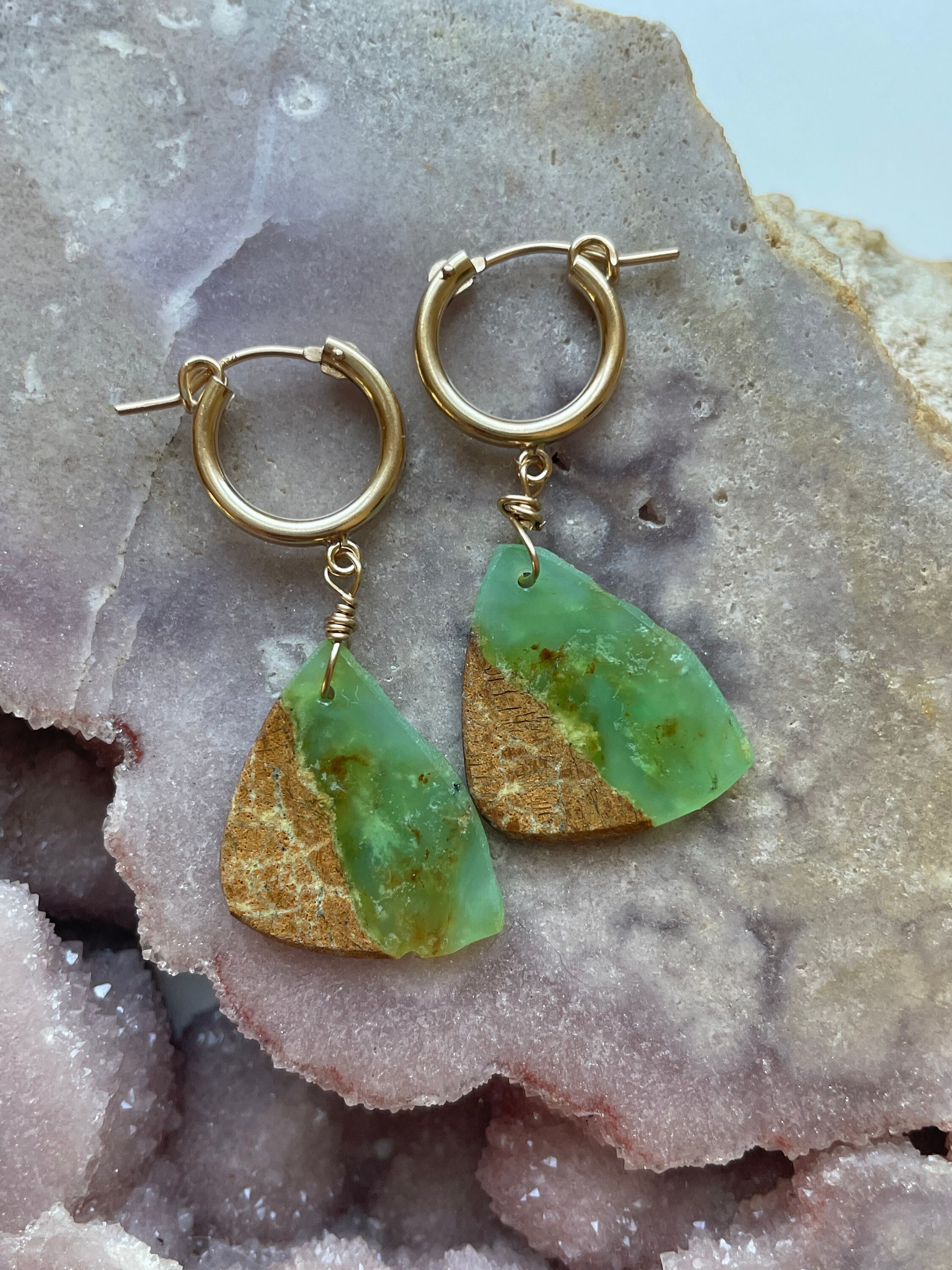 Gold Filled Chrysoprase Hoop Earrings: Gemstone Statement Jewelry