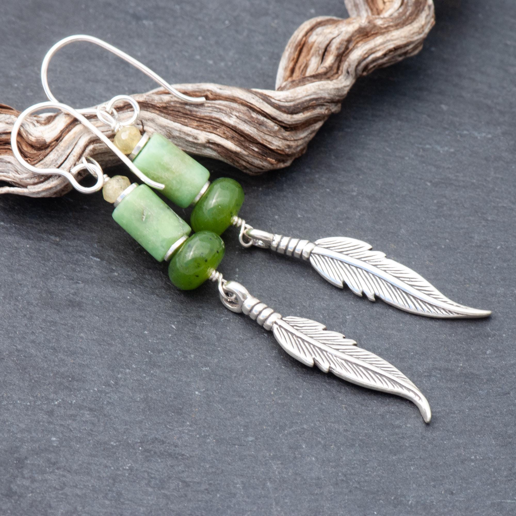 Green Chrysoprase And Canadian Jade Earrings, Boho Green Natural Stone & 925 Sterling Silver Feather Earrings, Ethnic Earrings