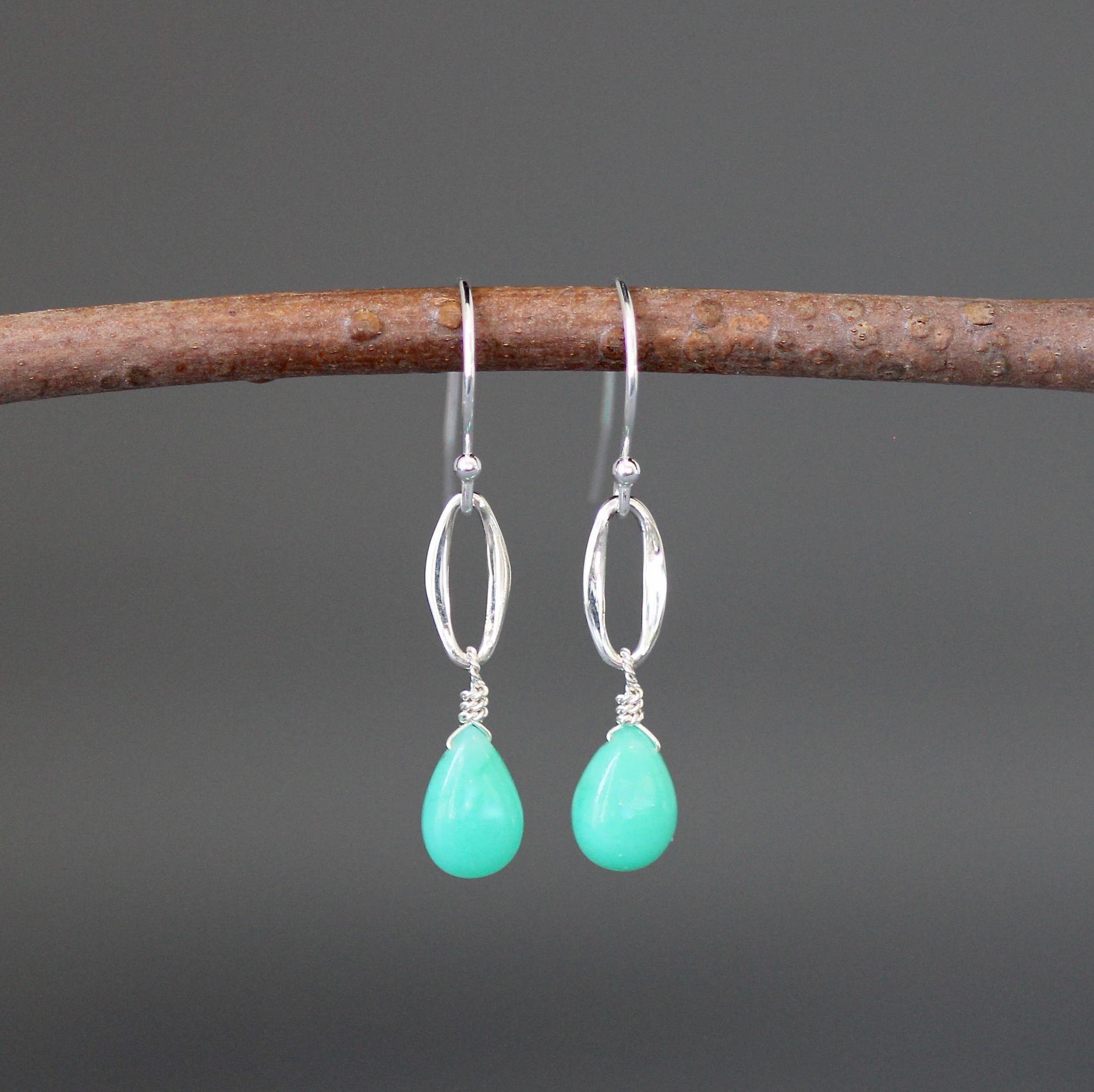 Chrysoprase Earrings - Green And Silver Earrings - Green Gemstone Earrings - Chrysocal Earrings - Silver Link Earrings - Wire Wrap Earrings