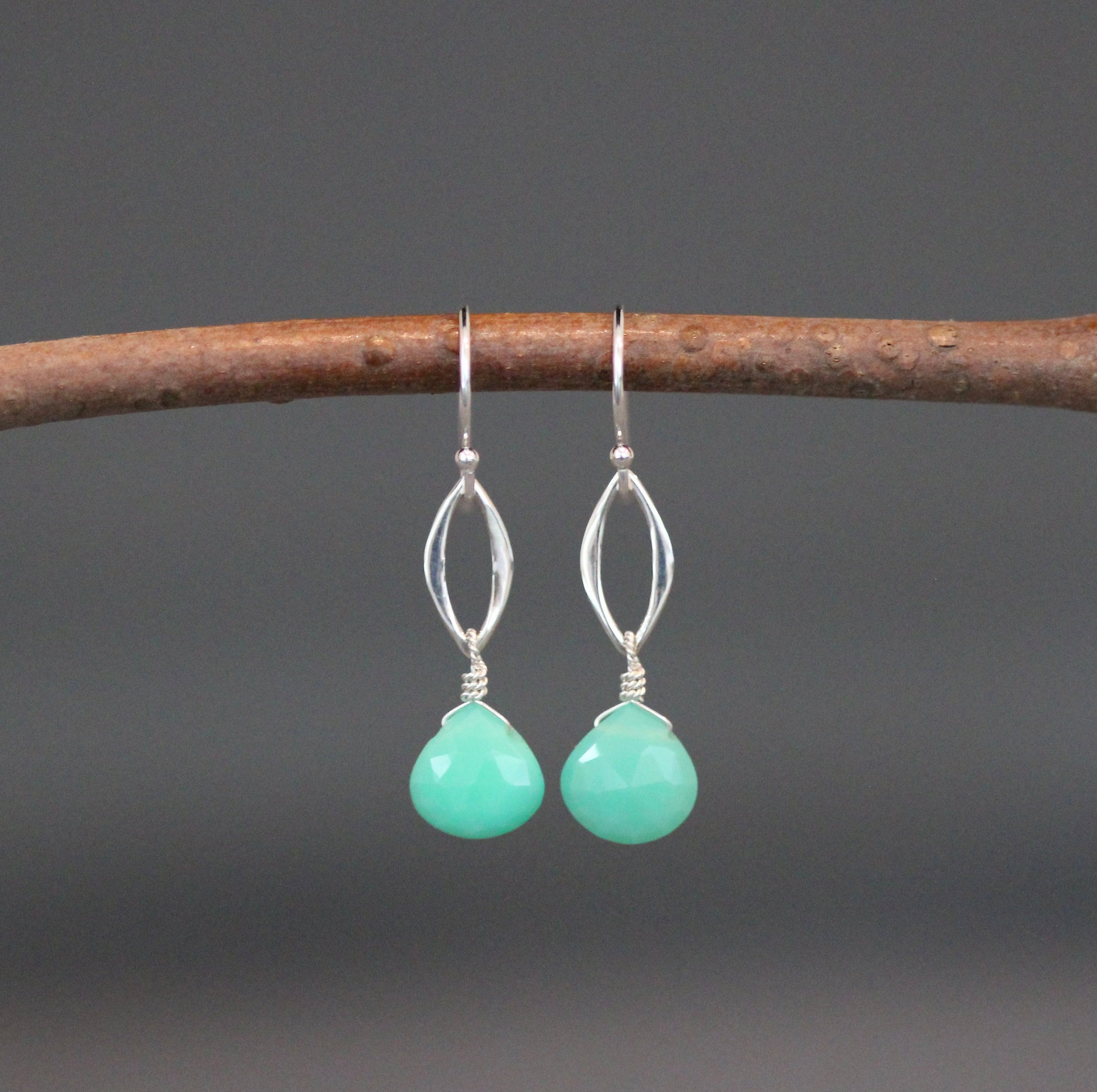 Chrysoprase Earrings - Green And Silver Earrings - Chrysocal Earrings - Silver Link Earrings - Green Gemstone Earrings