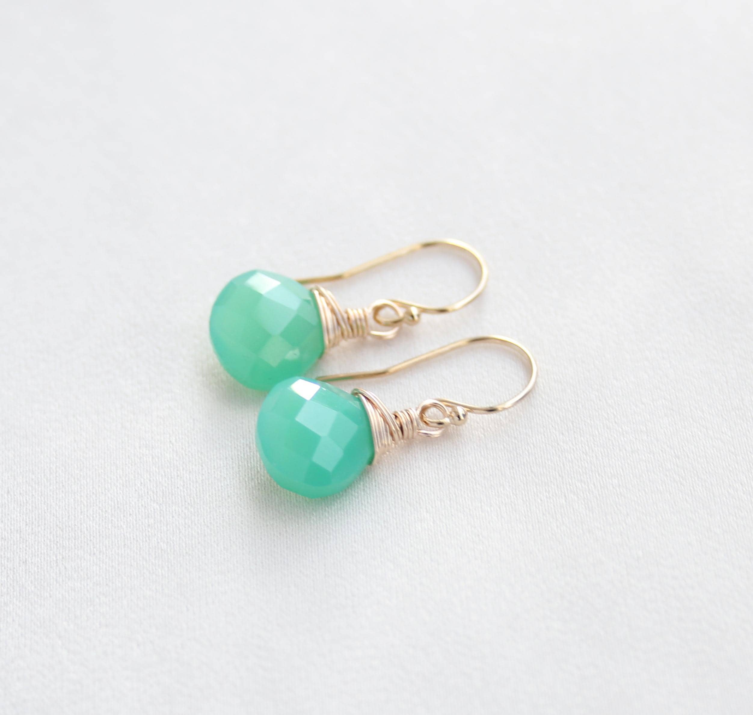 Green Chrysoprase Chalcedony Earrings: 14k Gold Filled / Sterling Silver, Dainty Dangle