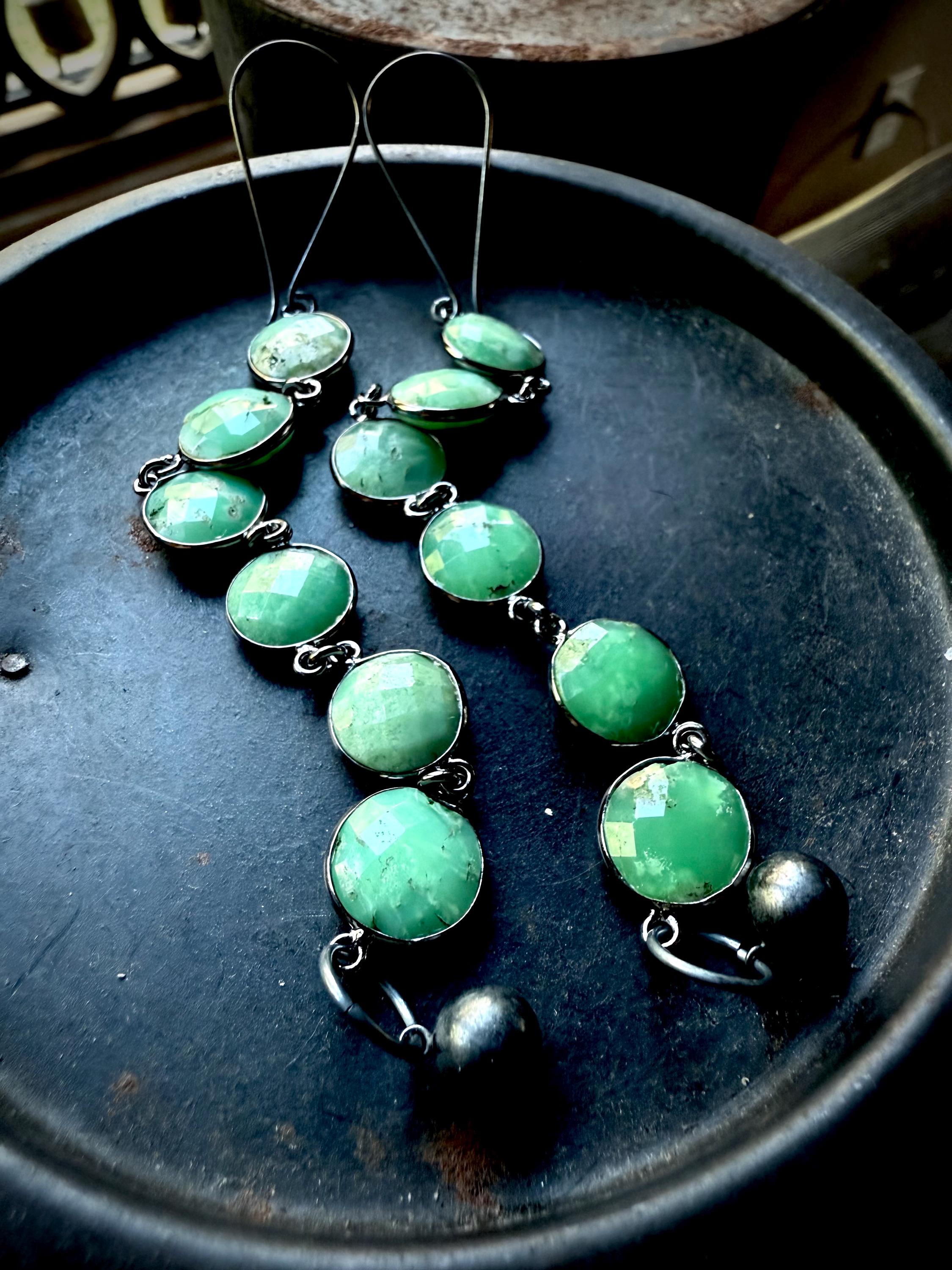 Chrysoprase Earrings, Long Earrings, Green Stone Earrings
