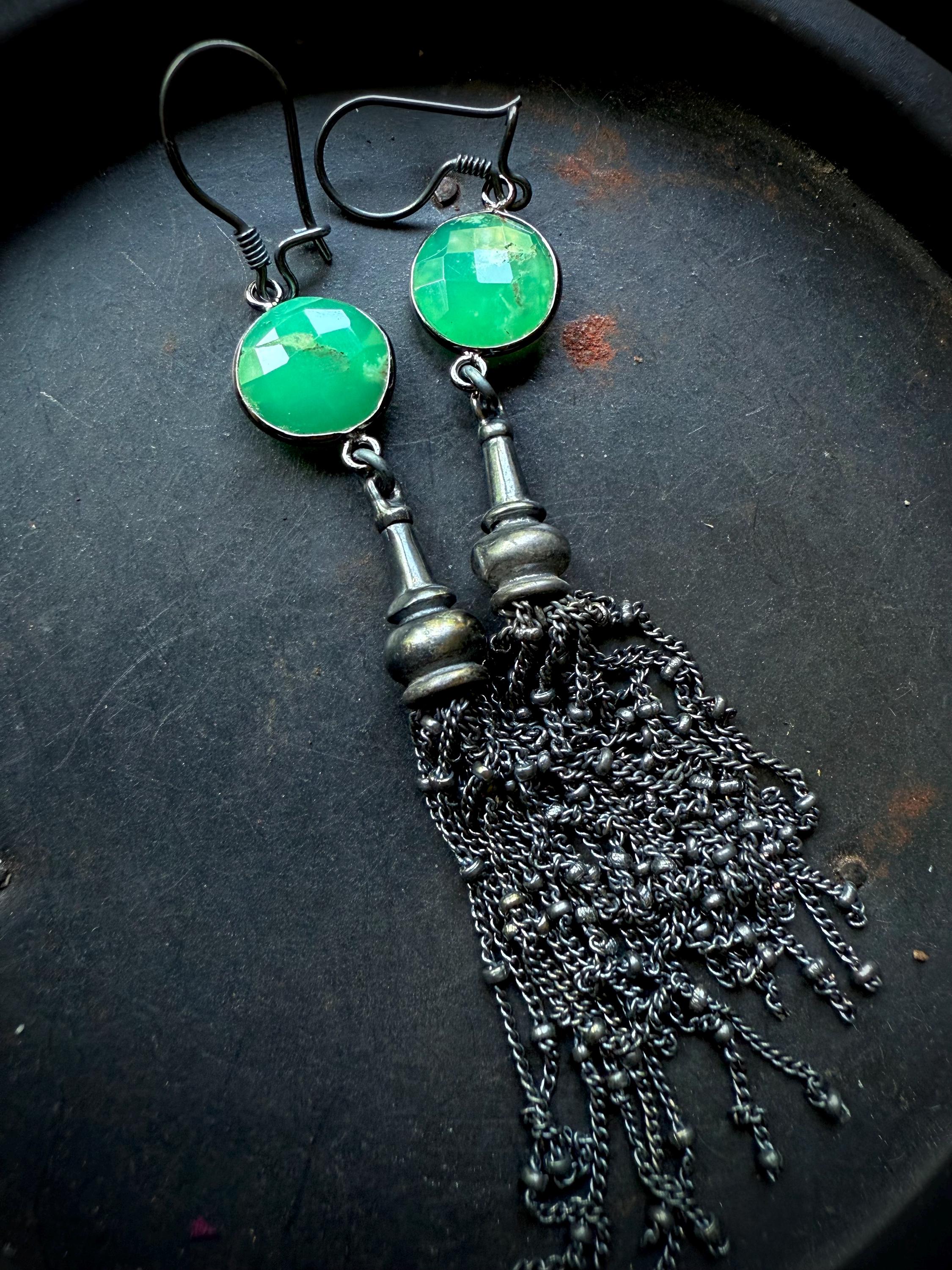 Chrysoprase Earrings, Long Earrings, Green Stone Earrings