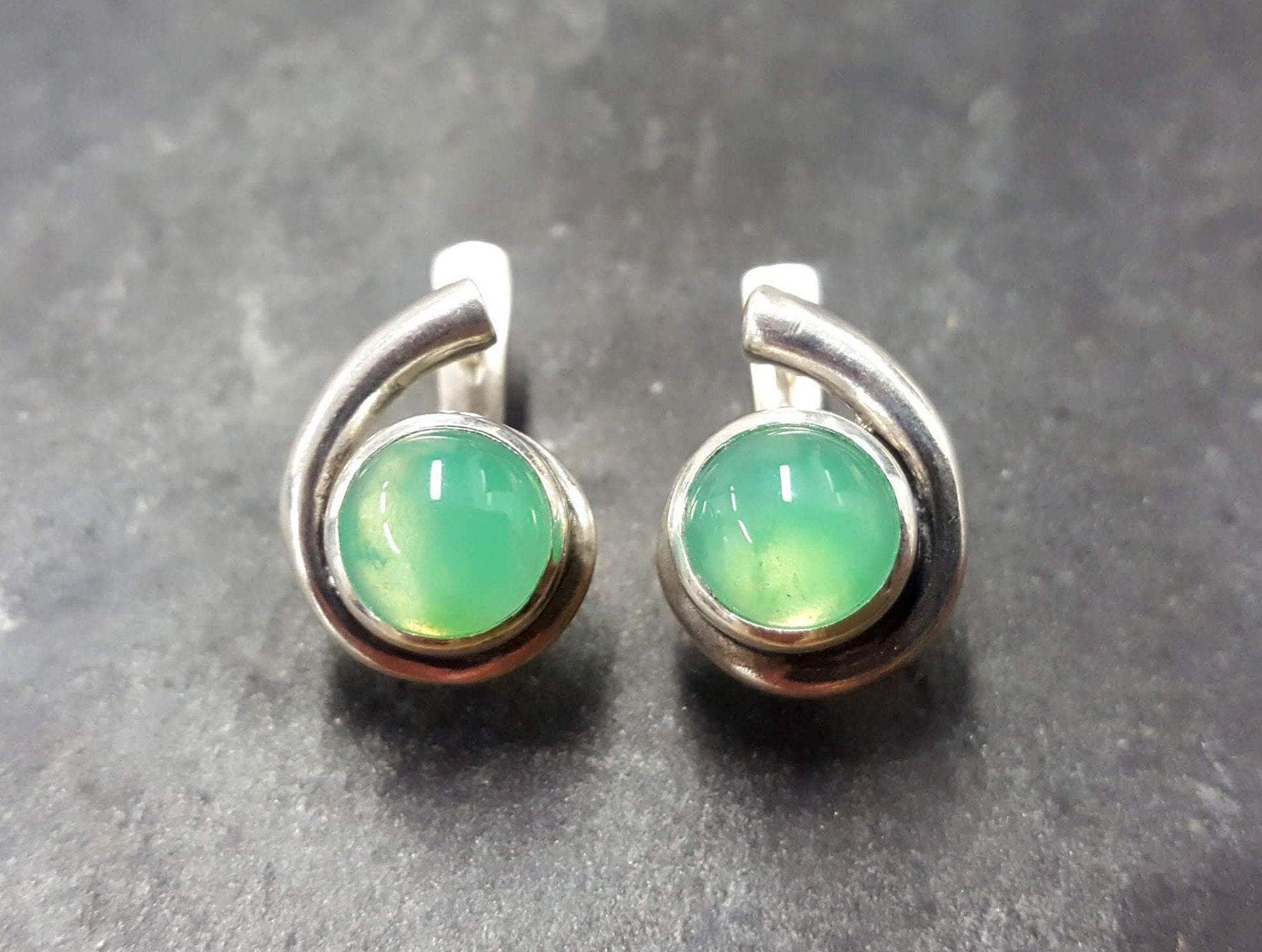 Chrysoprase Earrings, Natural Chrysoprase, Round Earrings, Green Earrings, Stud Earrings, Teardrop Earrings, Green Studs, Silver Earrings