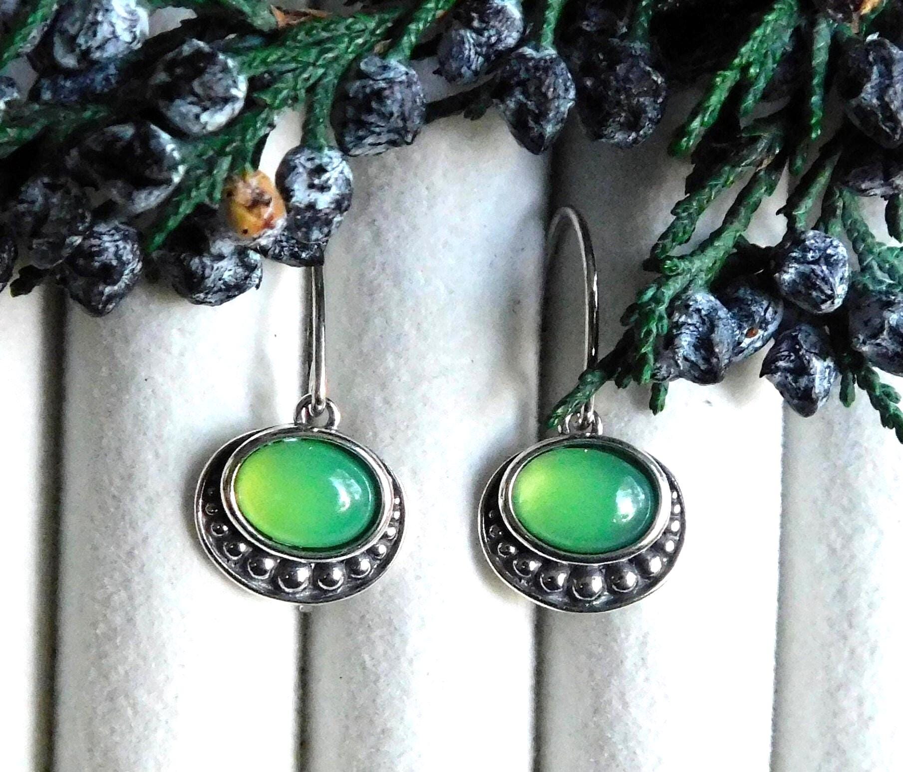 New Natural Green Chrysoprase Drop Earrings: Sterling Silver, Unusual Gemstone