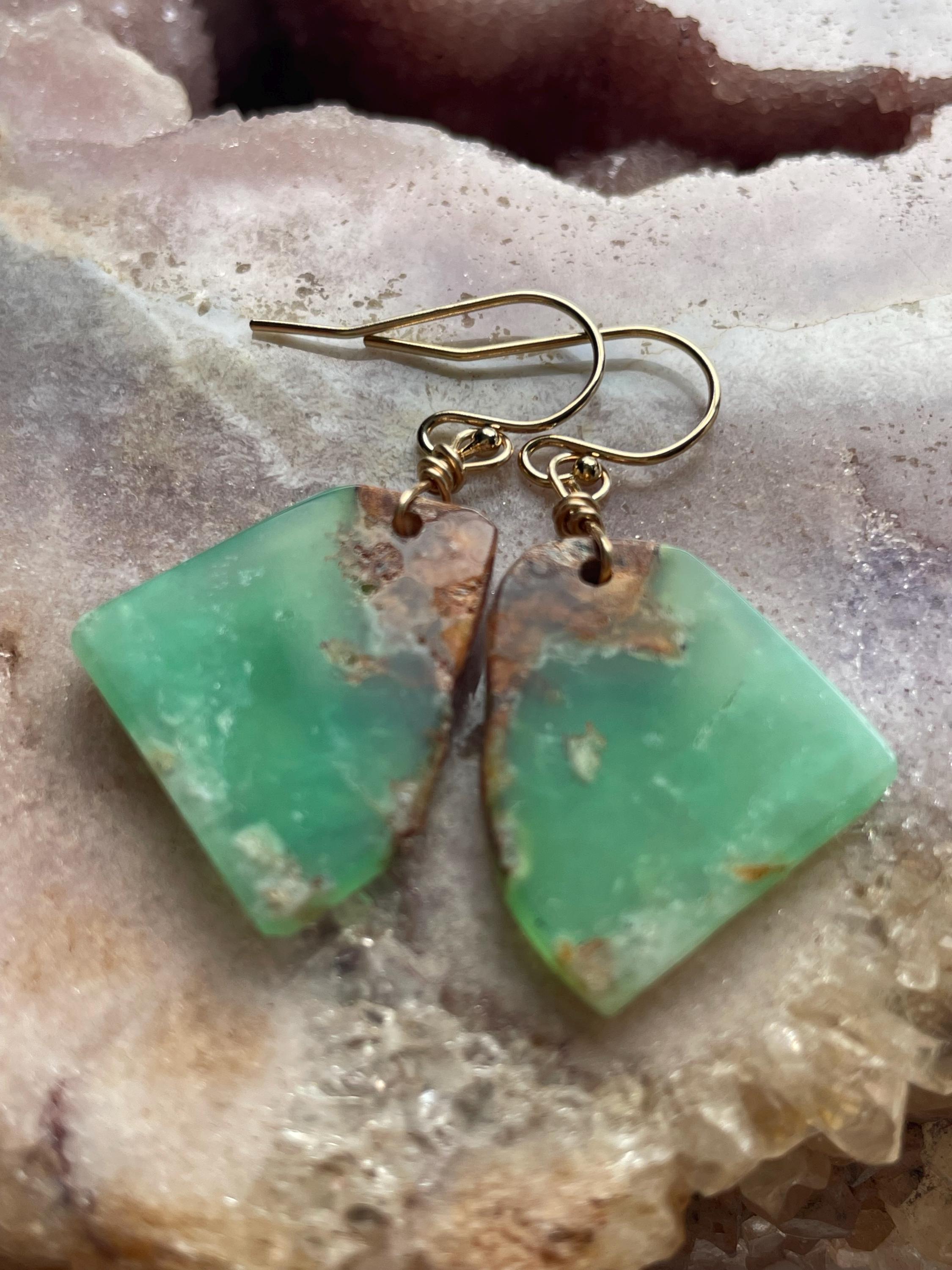 Raw Chrysoprase Gold Filled Drop Earrings: Gemstone Statement Jewelry