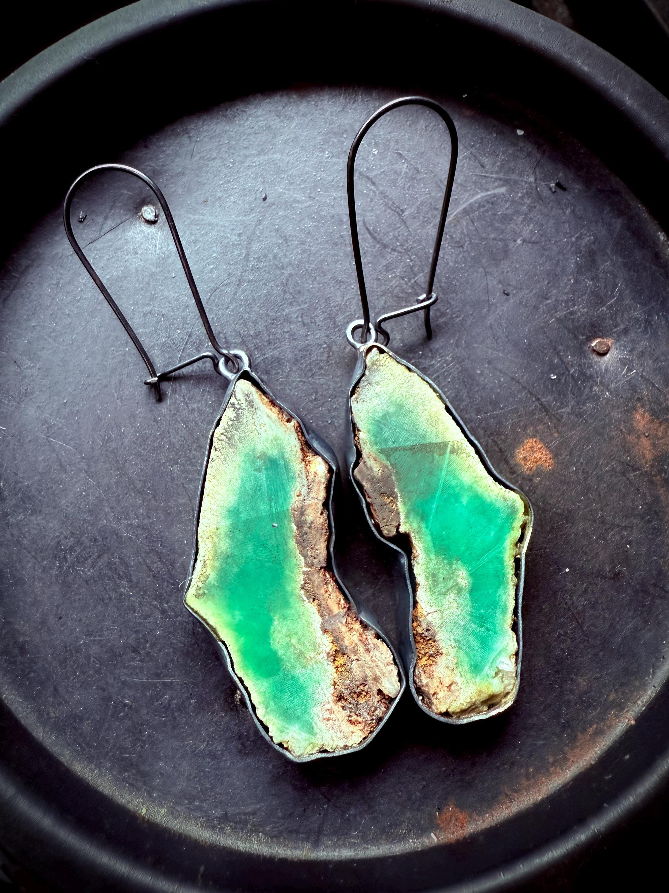 Chrysoprase Earrings, Raw Stone Earrings, Green Stone Earrings, Statement Earrings