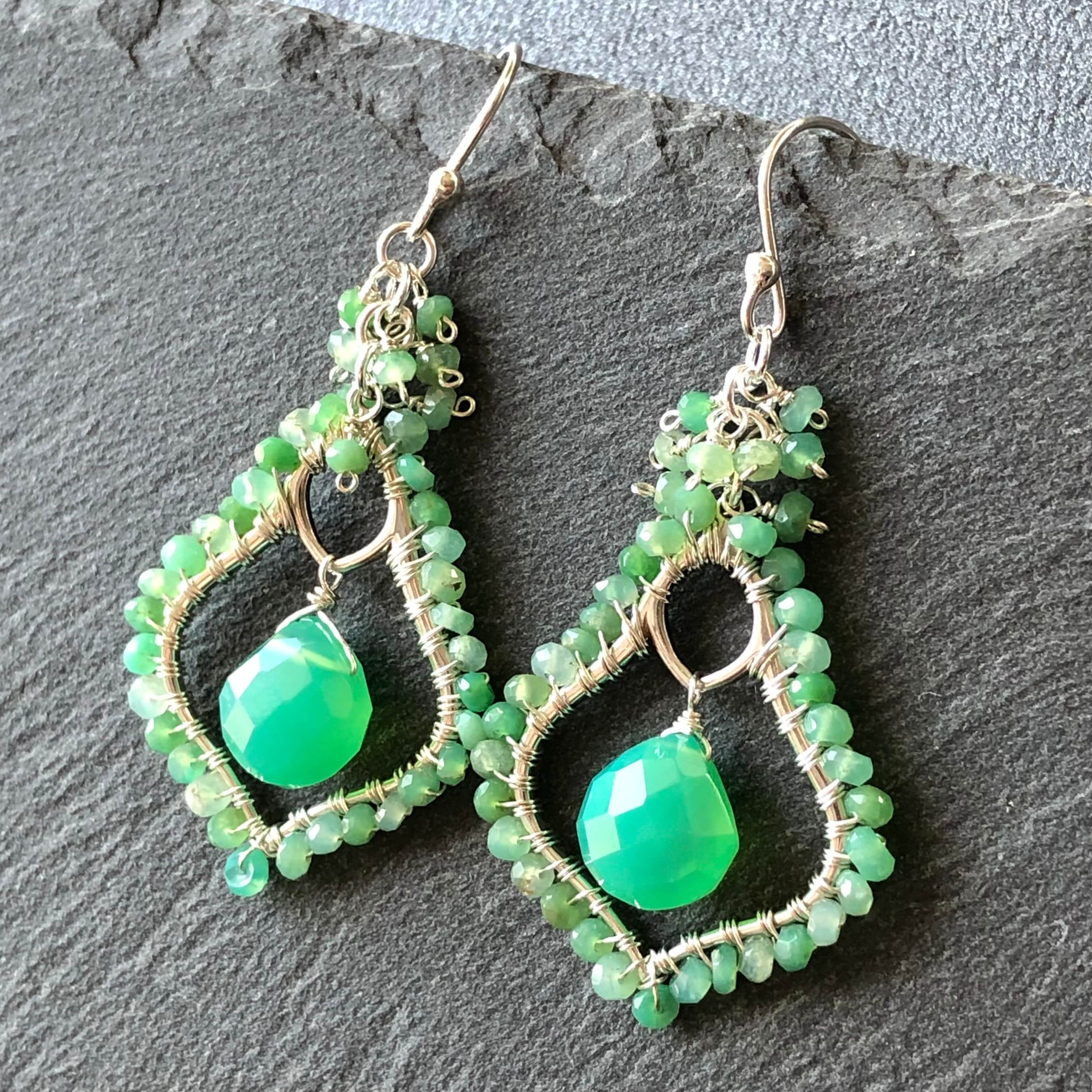 Chrysoprase Earrings Sterling Silver Wire Wrapped Green Natural Gemstone Bohemian Statement Bold Dangle Drops Birthday Holiday Gift Her 7417